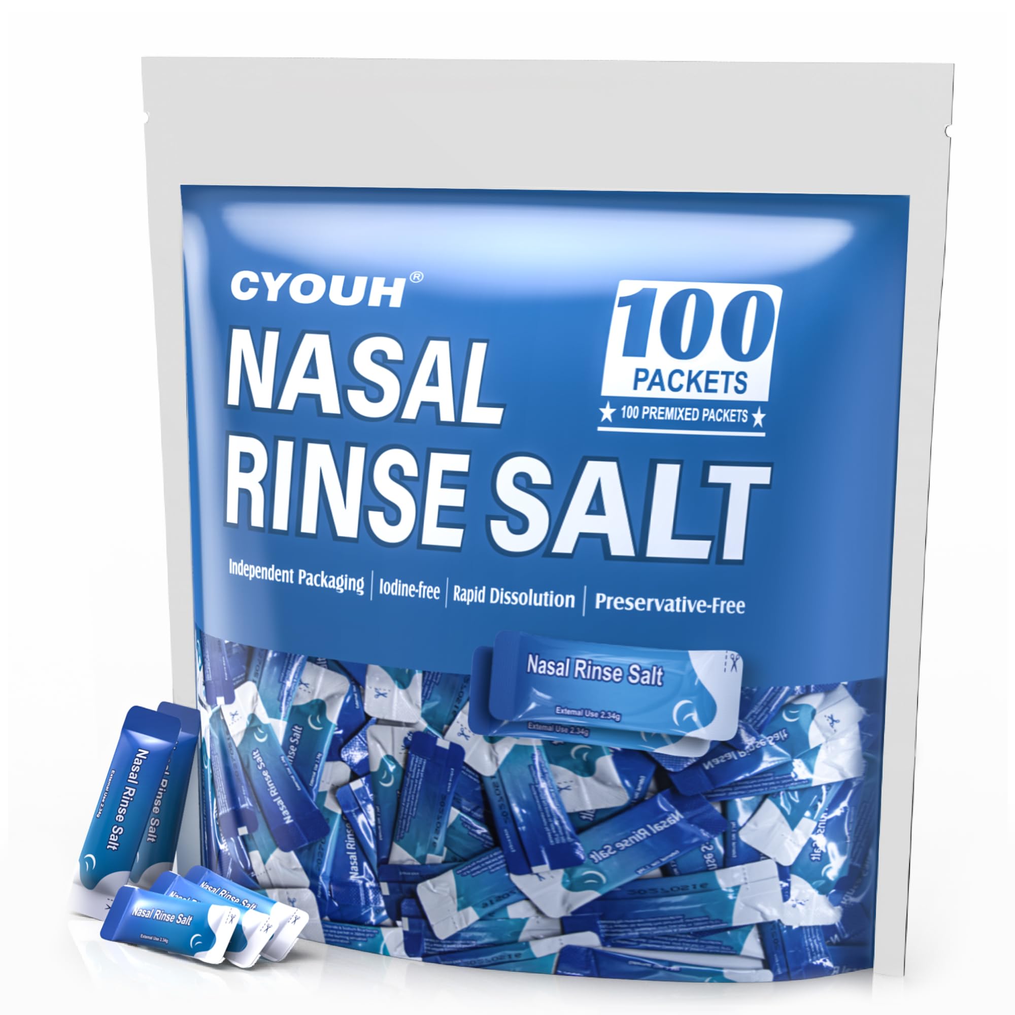 CYOUH 100PCS Vacuum-Packed Salt Saline Packets Sinus Nasal Rinse for Neti Pot, Individually Wrapped 2.34g Nasal Wash Irrigation 
