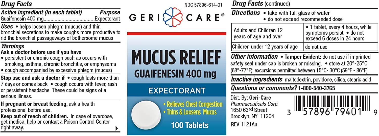 Mucus Relief Tablets by Geri-Care | Expectorant For Chest Congestion Relief | Guaifenesin 400mg | 100 Count Bottle | 2-Pack (Tot