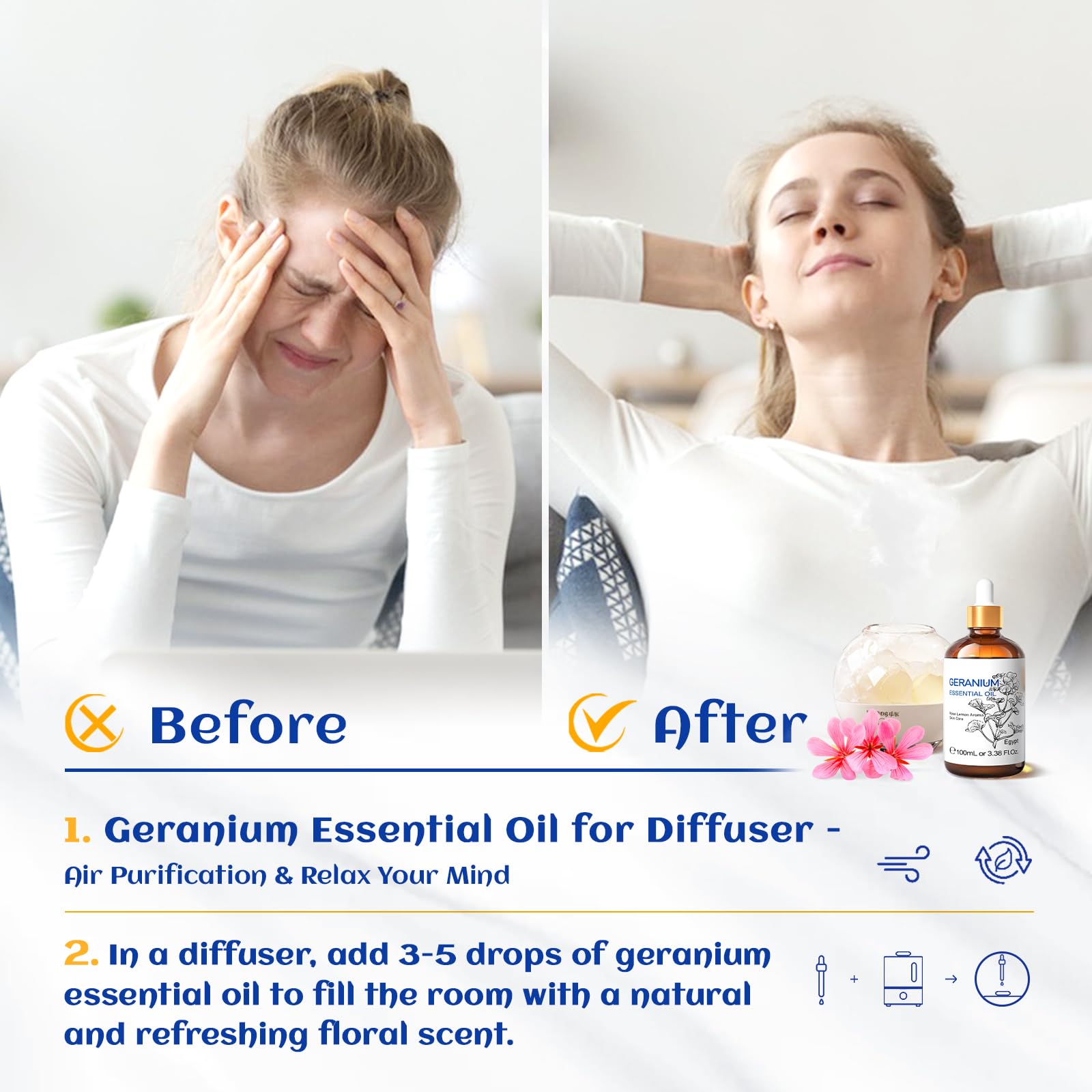 HIQILI 100ML Geranium Essential Oil for Skin, Diffuser & Candle, 100% Pure and Natural - 3.38 Fl. Oz