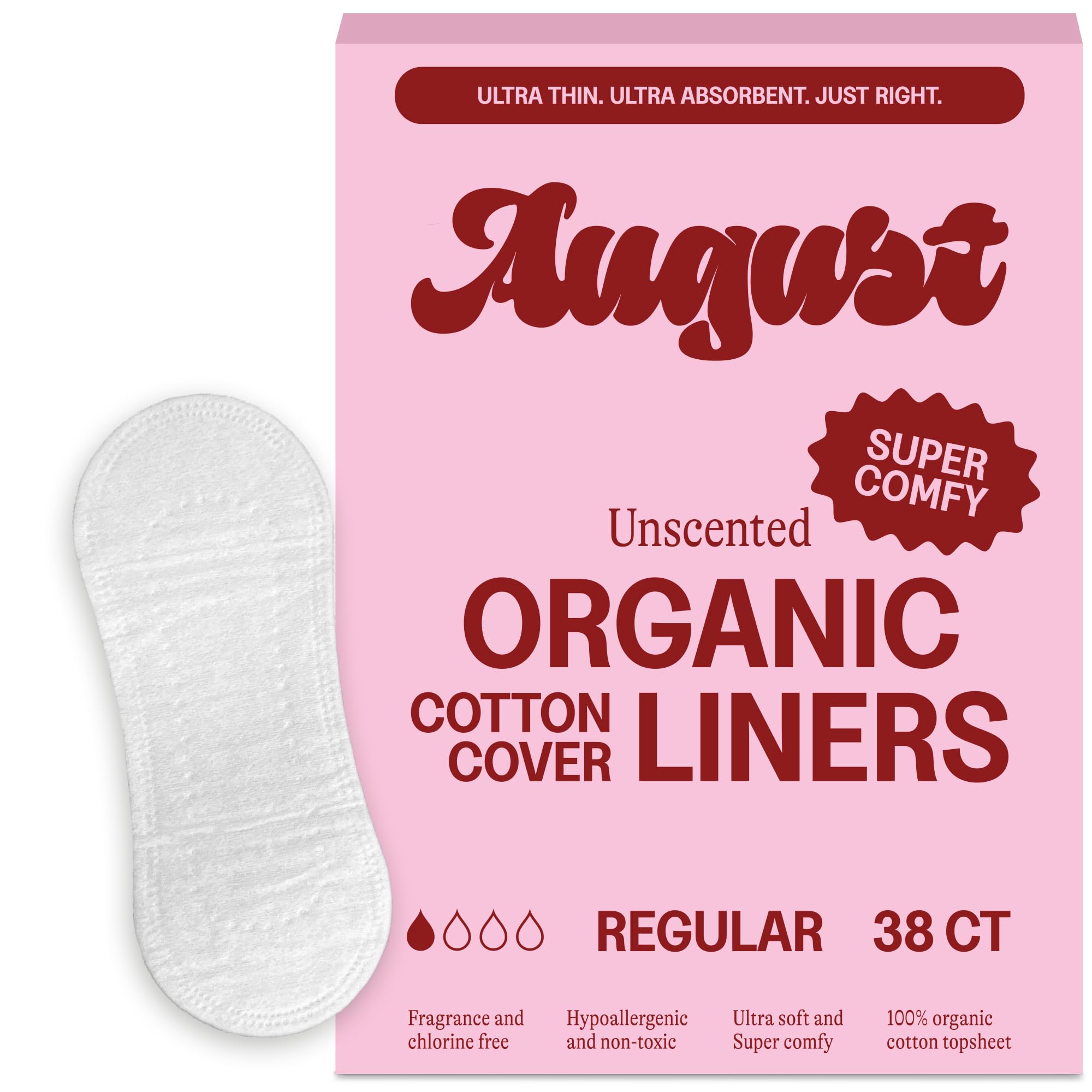 August Organic Panty Liners for Women and Anyone Who Menstruates, Made with Organic Cotton, 38 Daily Liners for Women, Toxin & F
