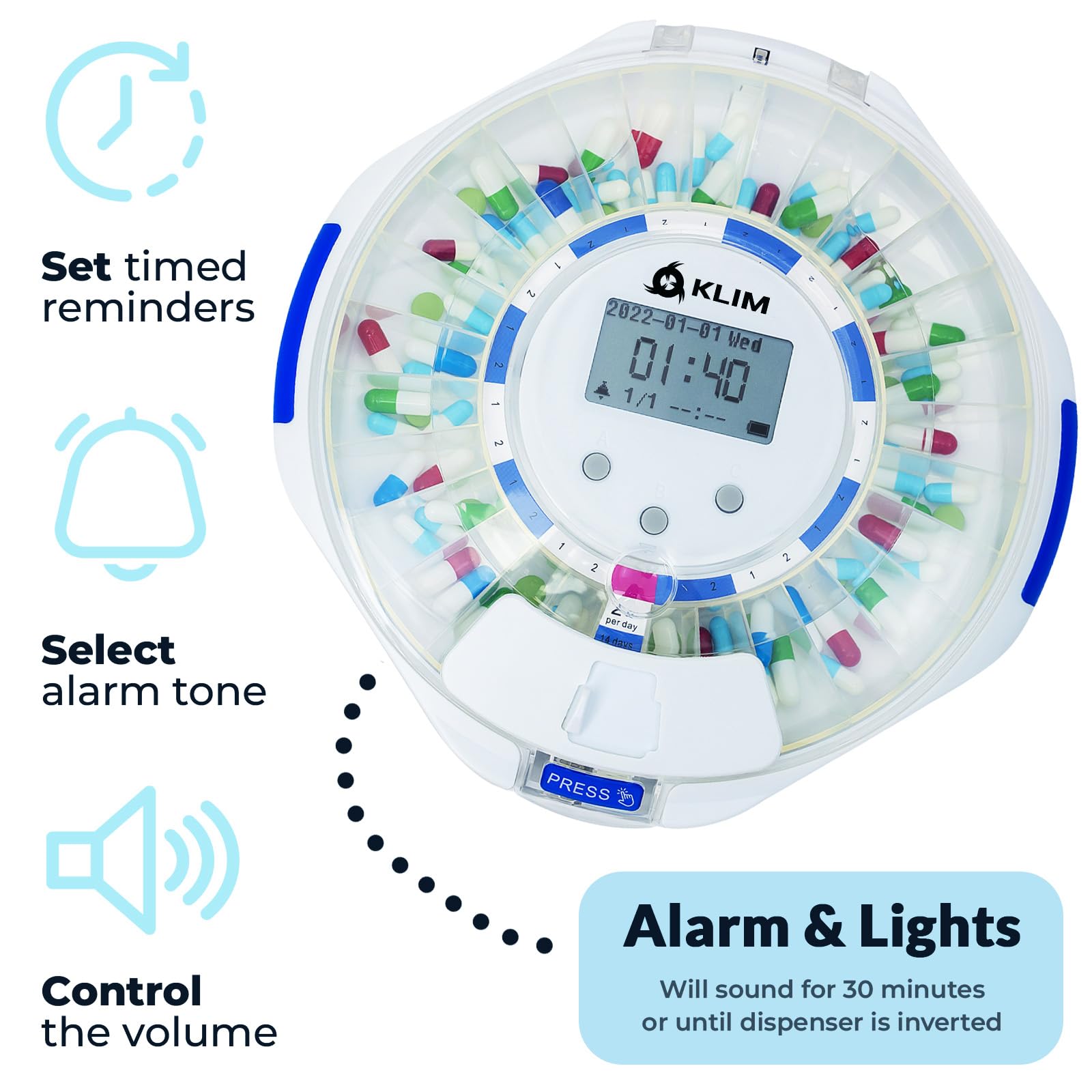 KLIM Smart Pill Dispenser with Alarm - WiFi Monitoring App - 28-Day Automatic Medicine Dispenser for Elderly & Alzheimers Care -