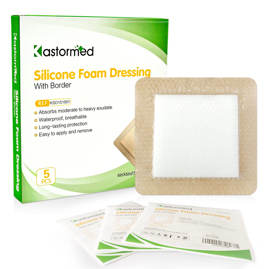 Silicone Foam Dressing, Waterproof Wound Dressing with Gentle Adhesive Border, 5 Layer High Absorbency Foam Bandages for Wound C