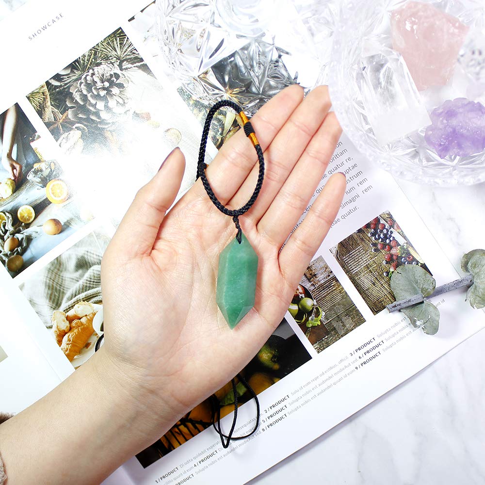 Runyangshi Green Aventurine Healing Crystal Pendants, Double Pointed Natural Crystal Quartz Necklace 6 Faceted Chakra Crystal Wa
