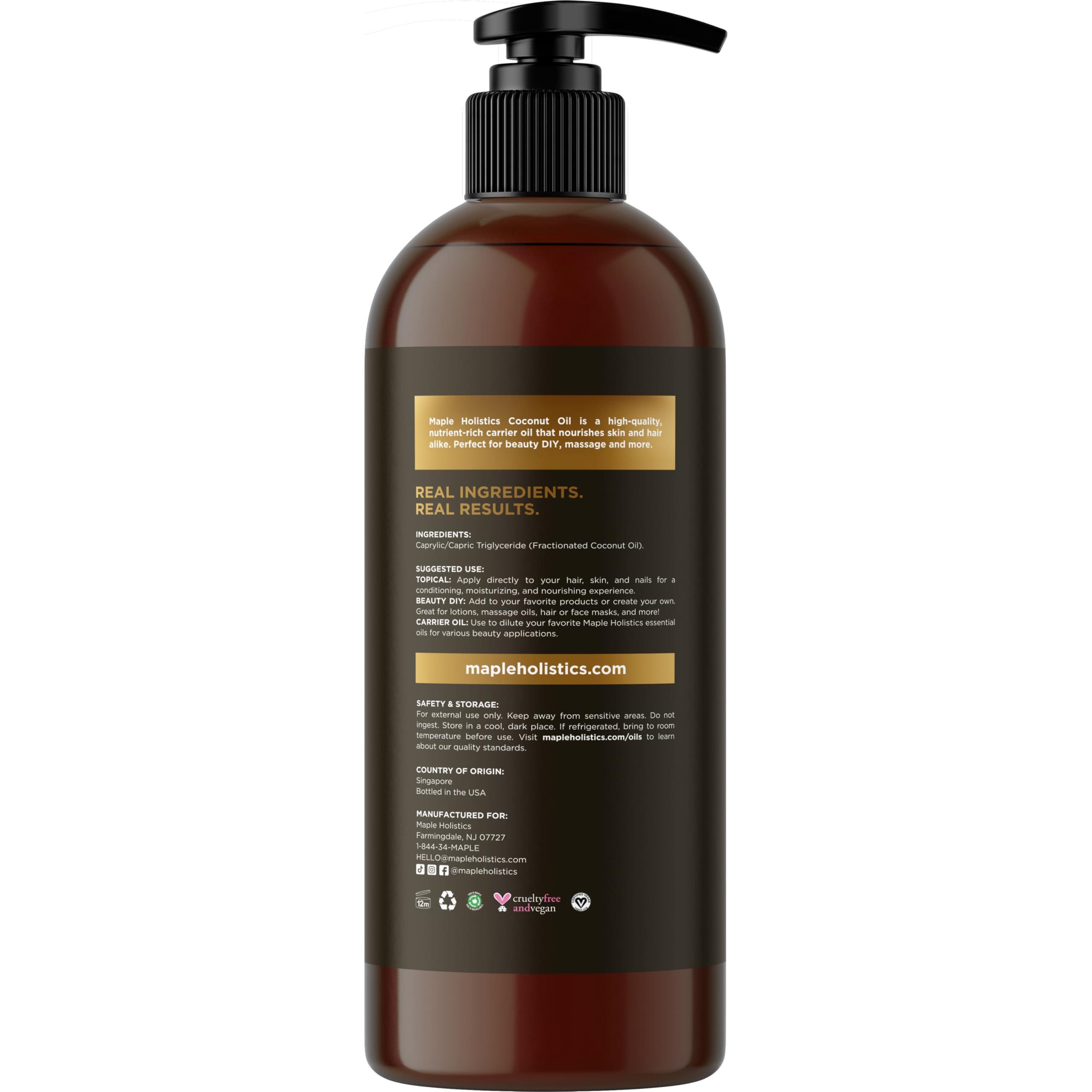 Maple Holistics Pure Fractionated Coconut Oil - 16 Fl Oz Liquid Moisturizer for Hair, Skin, Nails, Essential Oil Mixing, and Mas