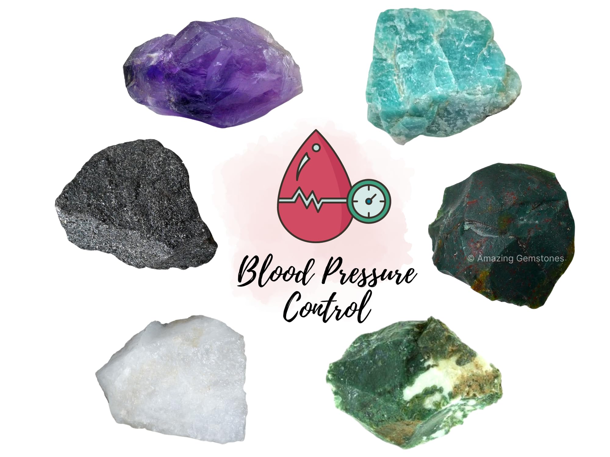 Crystals for Blood Pressure Control, Set of 6 Blood Stone, Hematite, Moss Agate, Amazonite, Snow Quartz and Amethyst Healing Cry