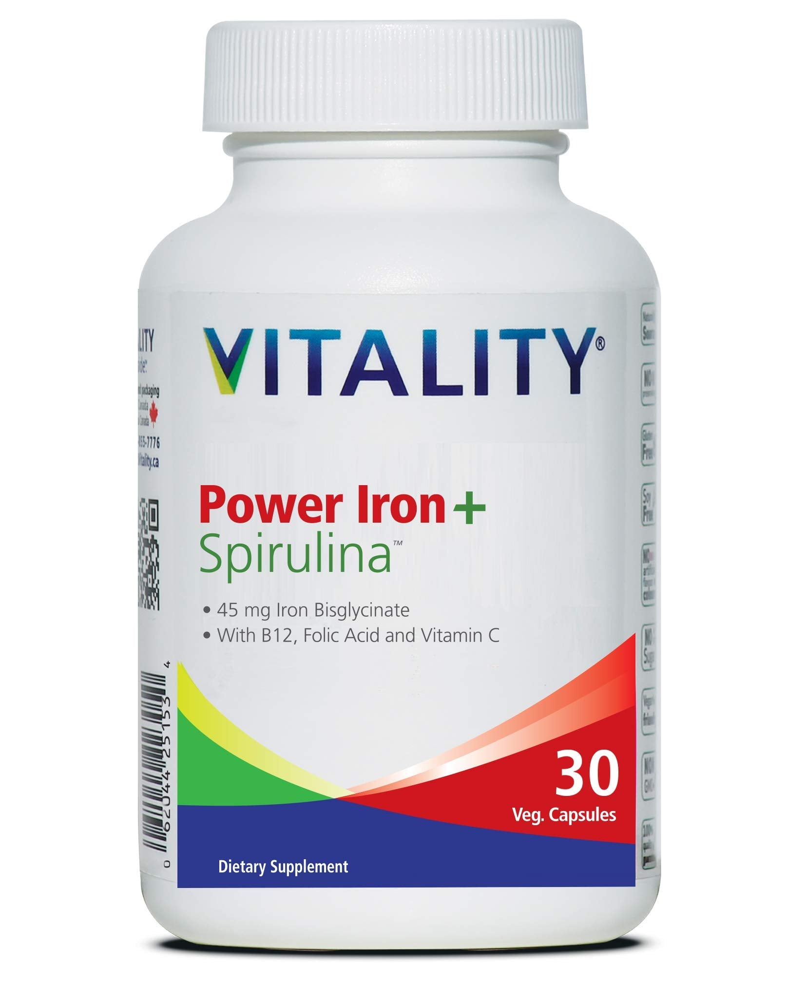 VITALITY Power Iron + Spirulina | 45mg Iron | Blood Builder | Iron Deficiency Support | Vegan | All Natural Supplement | Gentle 