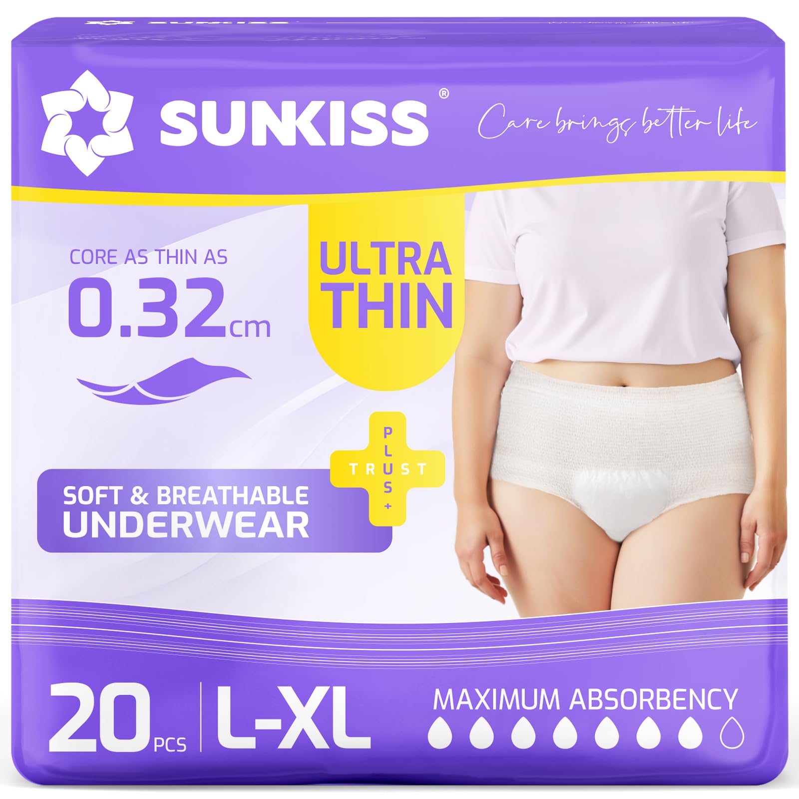 SUNKISS Ultra Thin Incontinence Underwear for Women, High Absorbency & Super Soft Postpartum Diapers, Disposable Adult Pull Ups,