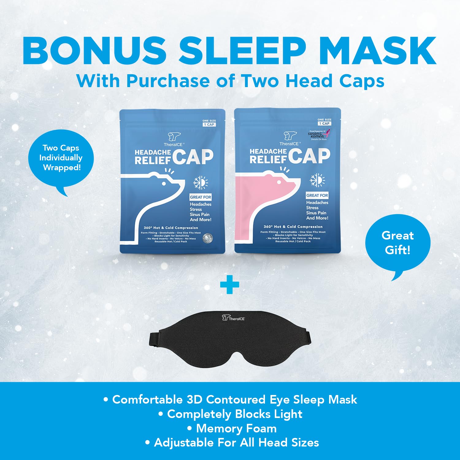 TheraICE Migraine Relief Cap, Soothing Headache Ice Pack Mask Products, Cooling Gel Hat, Face Cold Compress Head Wrap for Tensio