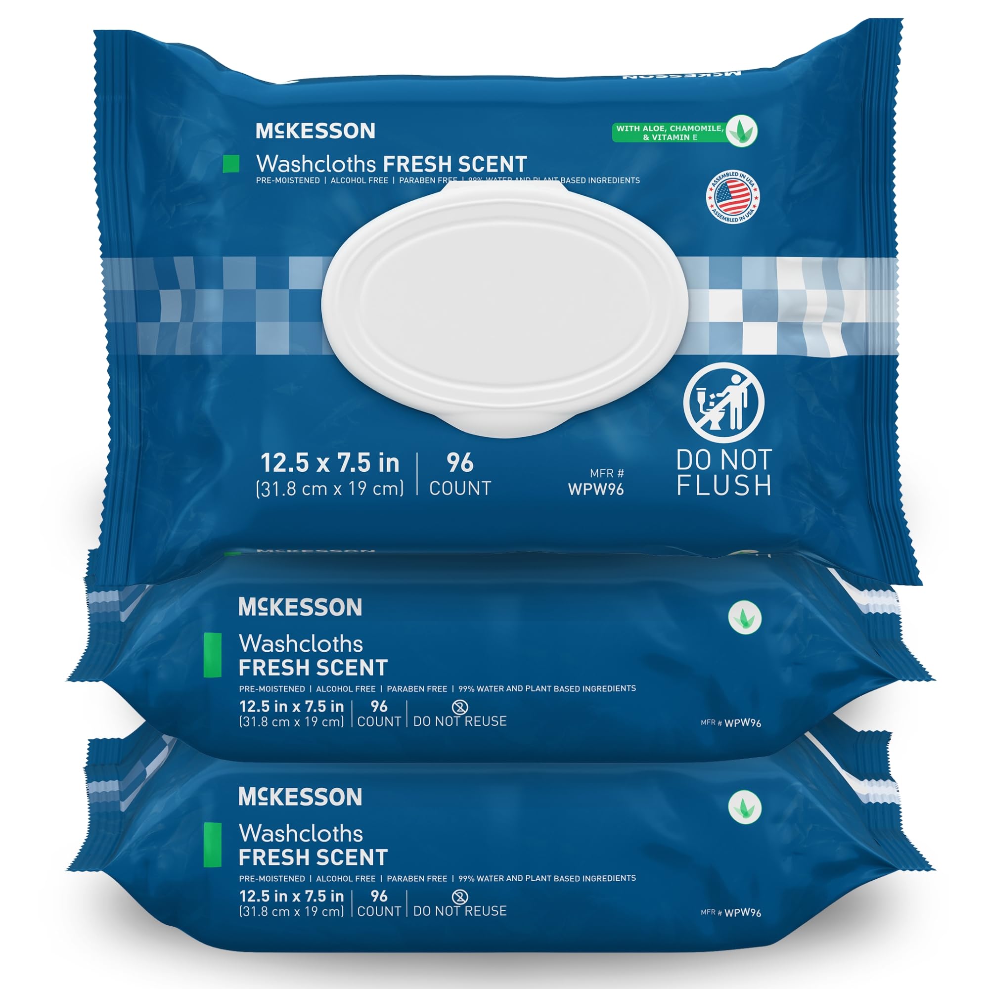 McKesson Washcloth Wipes for Adults, Scented (3 Pack, 288 Washcloths) Disposable Wash Cloths for Body - No-Rinse Formula with Sn