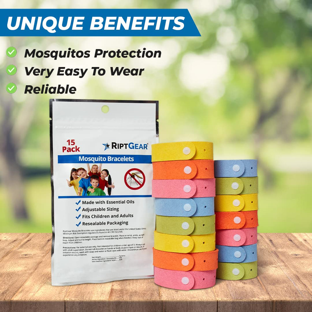 RiptGear Mosquito Bracelets - 15 Pack of Mosquito Bracelets for Kids and Adults, Insect Bracelet, Citronella Wristband - DEET Fr