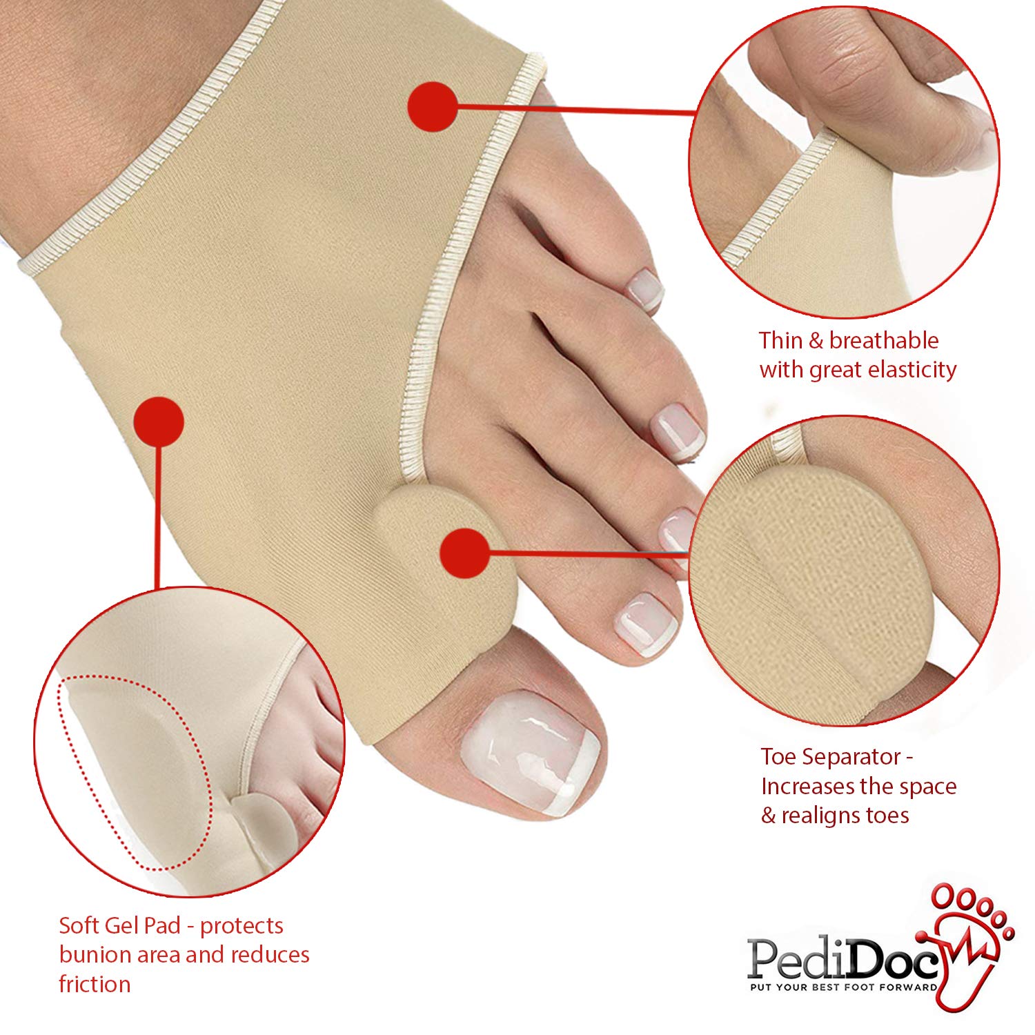 PediDocTM Bunion Corrector - Bunion Relief Sleeves Bunion Pads Brace Cushions Toe Straightener with Gel Toe Separator Spacer Str