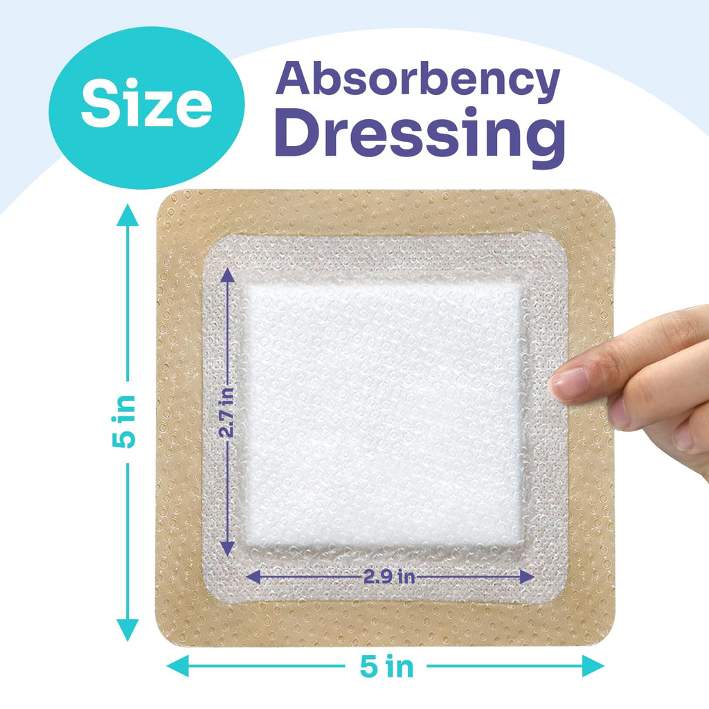 Silicone Super Absorbent Dressing for Heavy Exudate Wound 10 Pack, FSA or HSA 5 X 5 Gentle Boder Adhesive Bandages for Wound Car