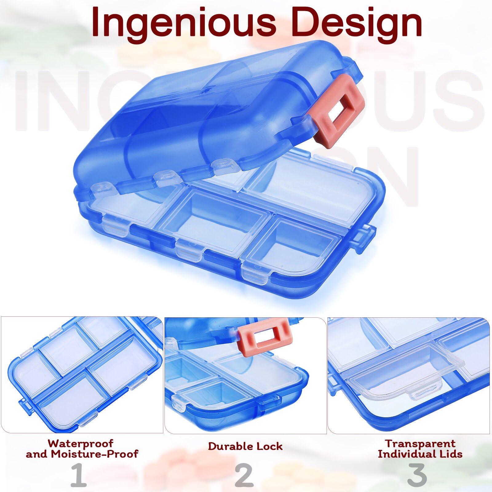Meekoo 8 Pcs Travel Pill Organizer Pocket Portable Pill Case Daily Container Small Container Medicine Travel with 10 Compartment