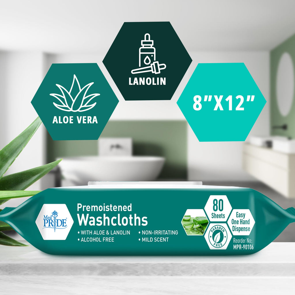 MED PRIDE Disposable XL Premoistened Washcloths 8    x 12    Pack of 80 - Adult Cloth Wipes For Sensitive Skin- Extra Soft Incon