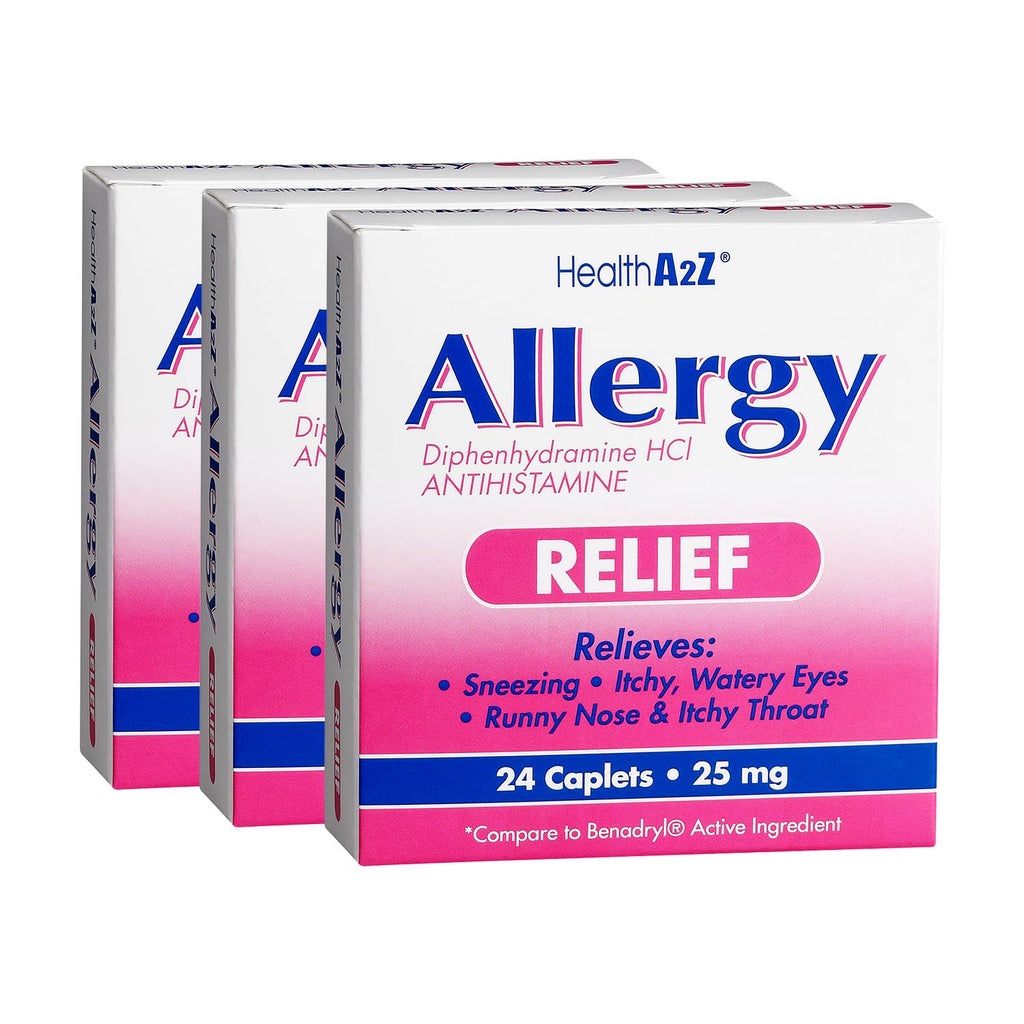 HealthA2Z Allergy Relief | Diphenhydramine HCL 25mg | Antihistamine | Relief from Itchy Throat, Sneezing, Runny Noses | Indoor &