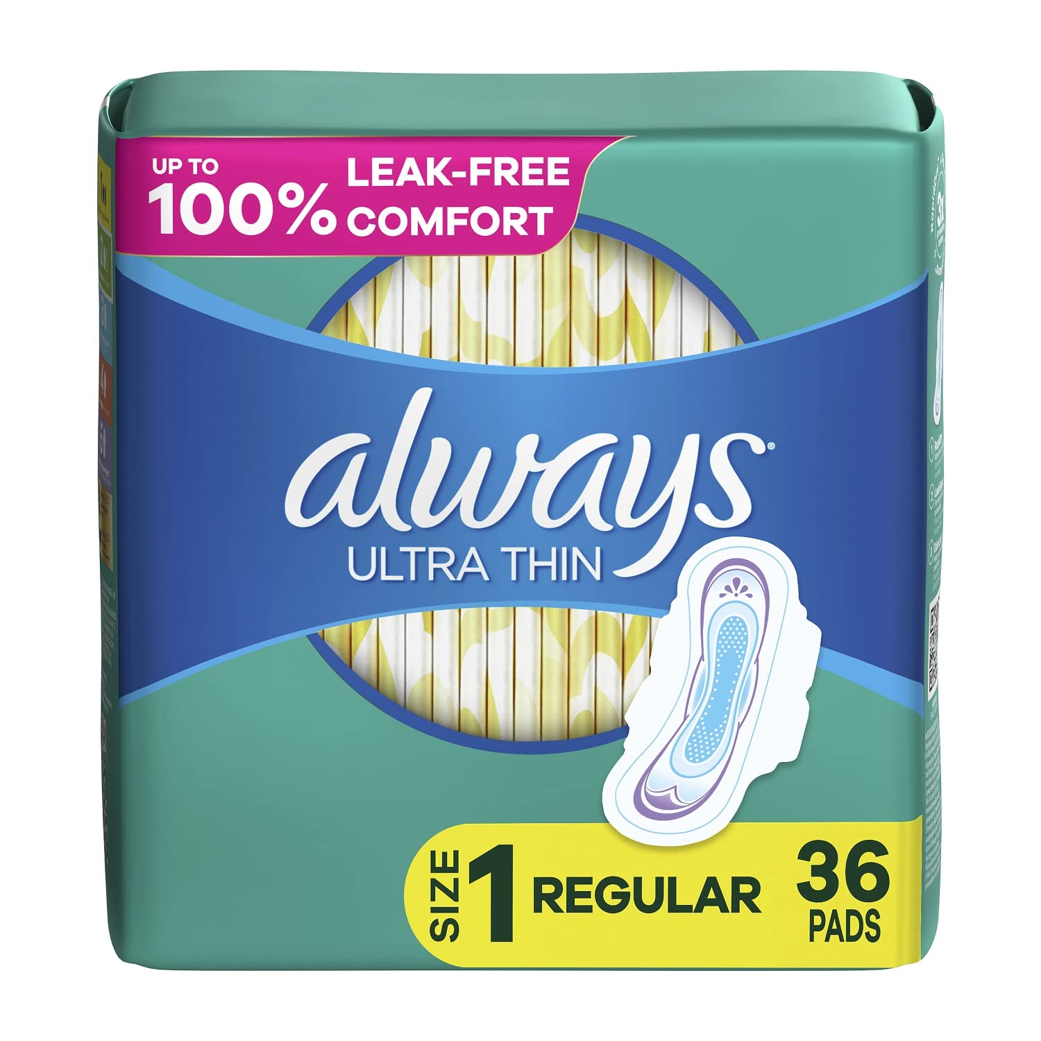 Always Ultra Thin Feminine Pads For Women, Size 1 Regular Absorbency, With Wings, Unscented, 36 Count x 2 (72 Count Total)
