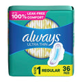 Always Ultra Thin Feminine Pads For Women, Size 1 Regular Absorbency, With Wings, Unscented, 36 Count x 2 (72 Count Total)
