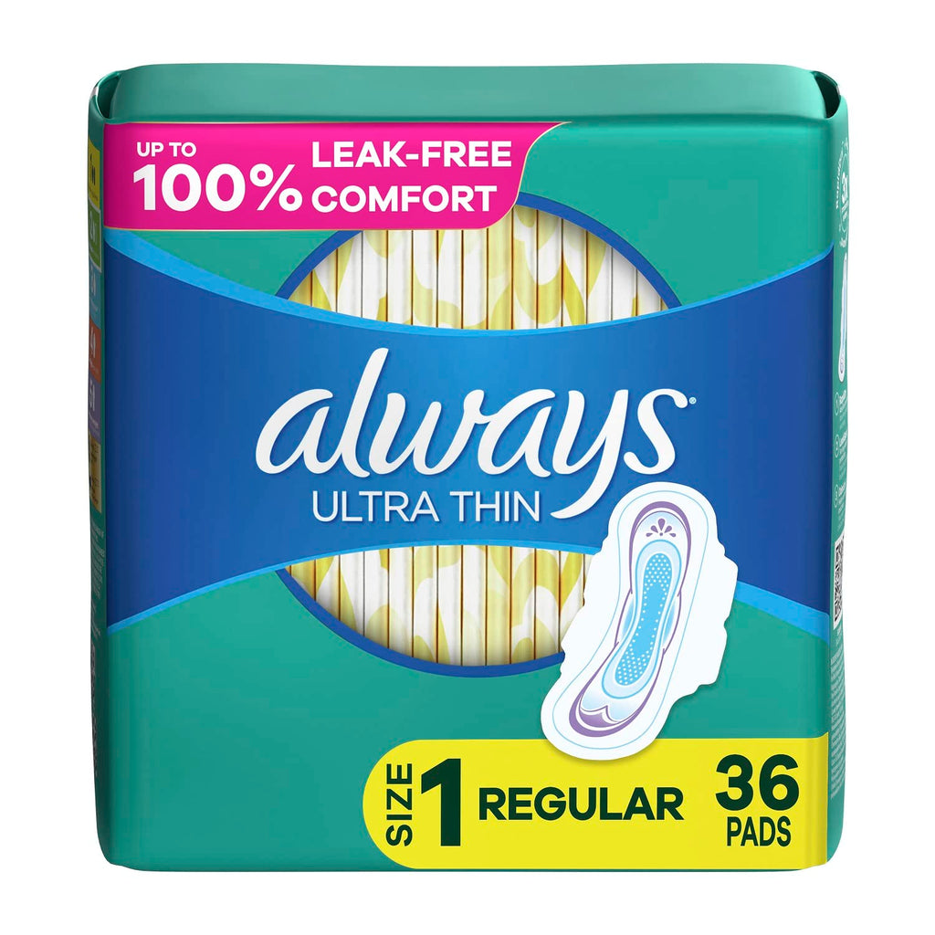 Always Ultra Thin Feminine Pads For Women, Size 1 Regular Absorbency, With Wings, Unscented, 36 Count x 2 (72 Count Total)