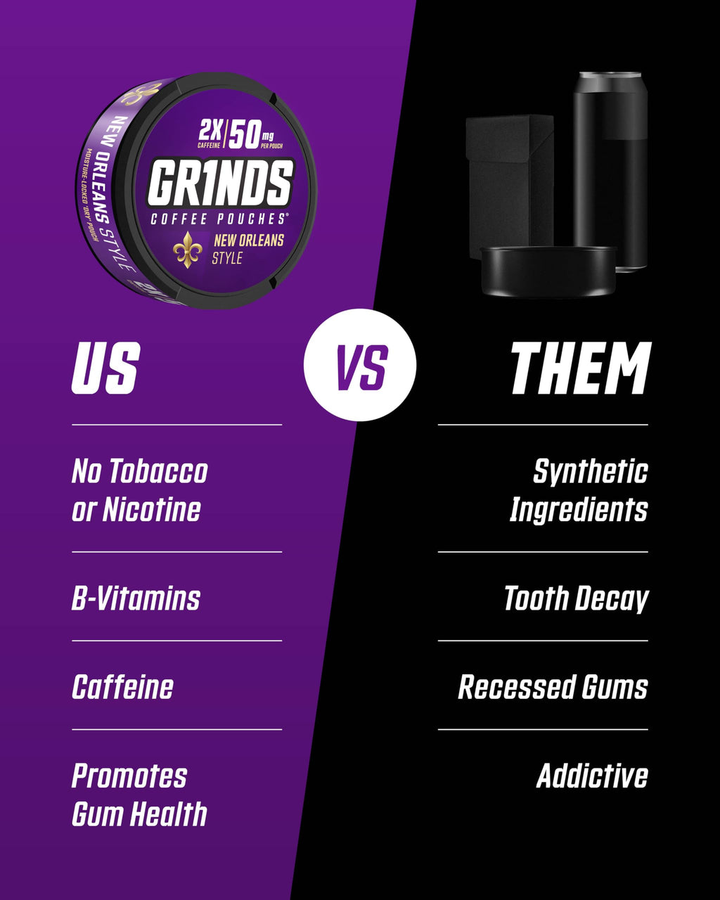 Grinds Coffee Pouches |Tobacco Free, Nicotine Free Healthy Alternative | 6 Cans of New Orleans | Made in the USA | 18 Pouches Pe