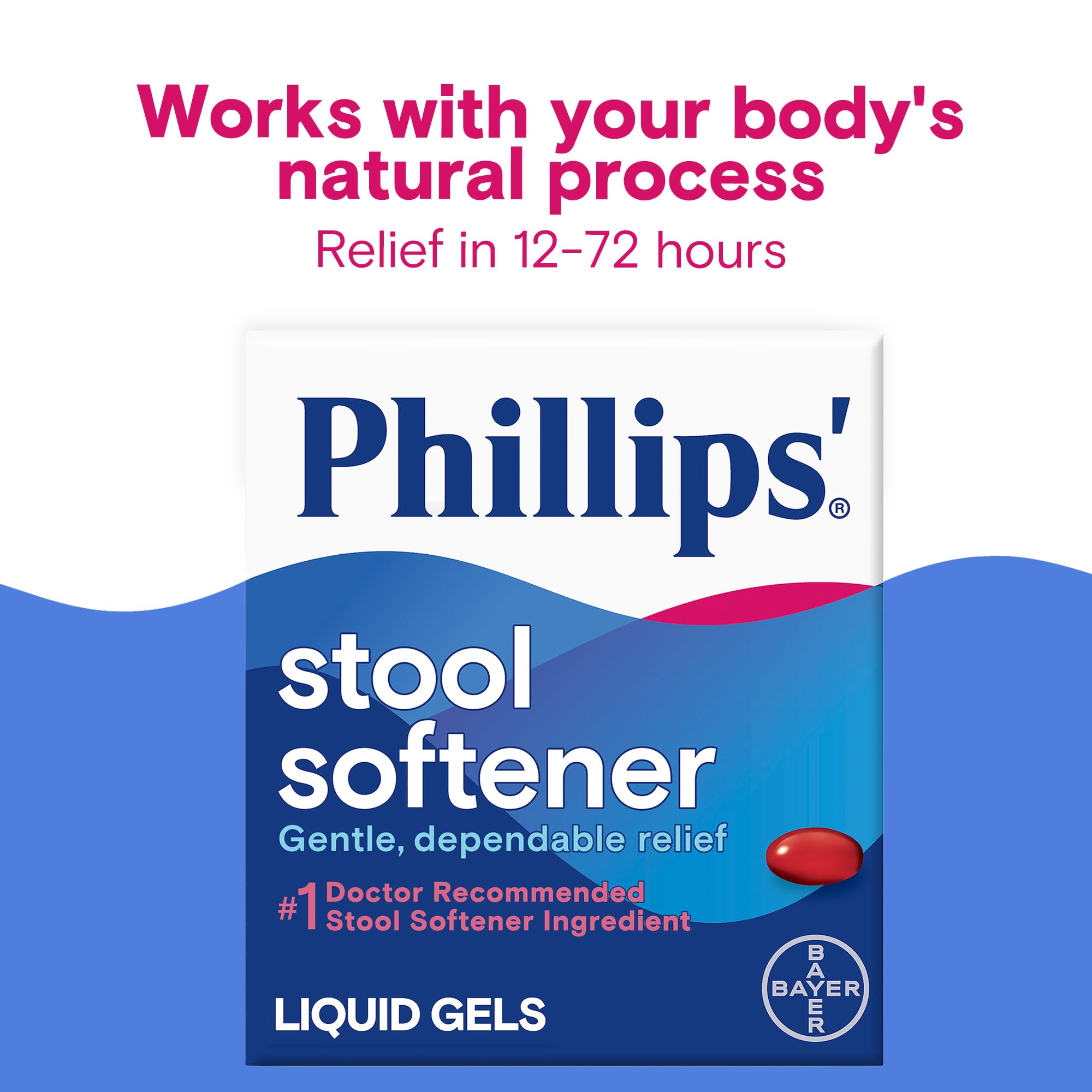 Phillips Stool Softener Liquid Gels, Gentle, Dependable Relief with Docusate Sodium, Cramp and Stimulant Free, Easy to Swallow F