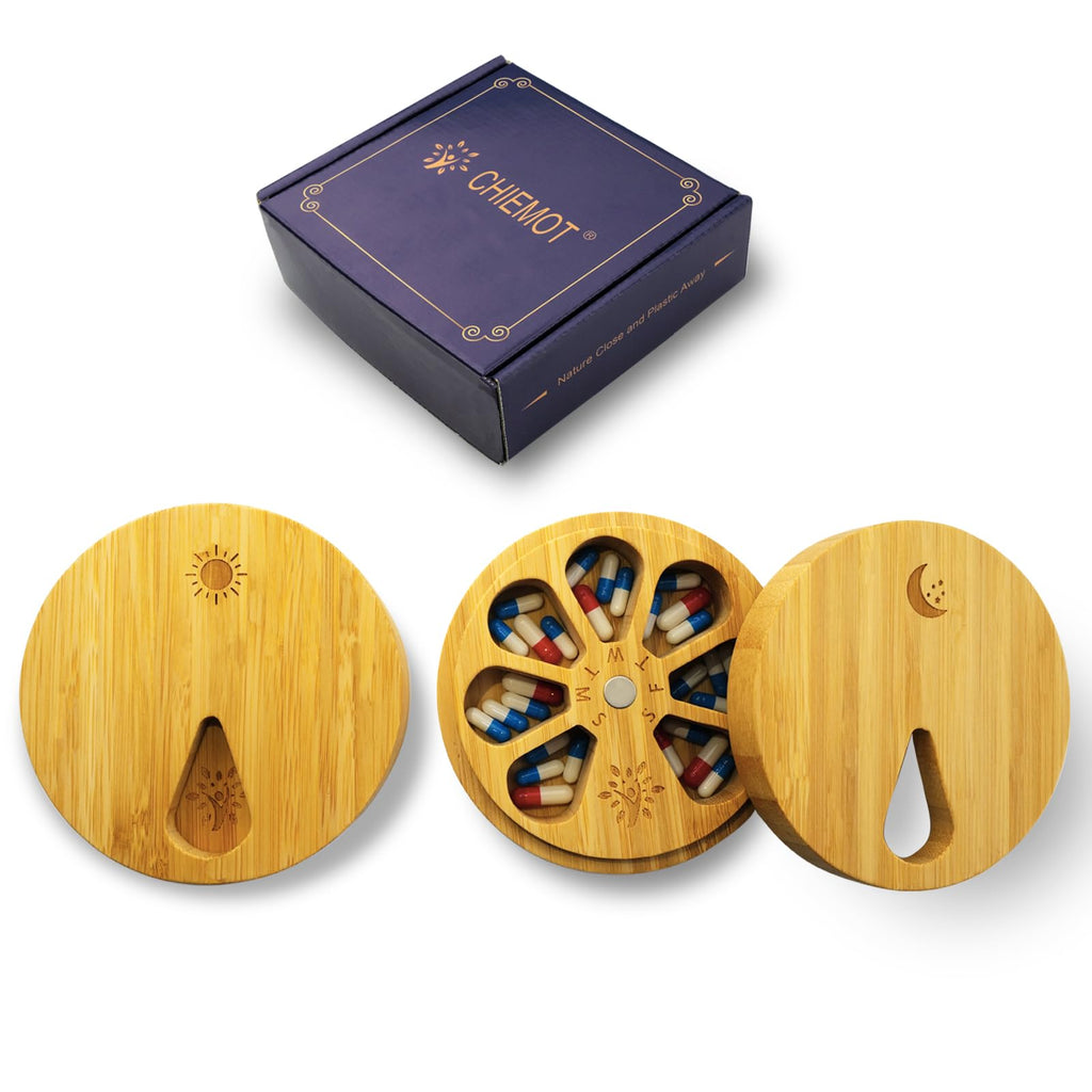 AM&PM Set of 2 Bamboo Wood Pill Organizer for Medicine Vitamin 2 Times a Day, Arthritis Friendly 7-Day Pill Box Medium Container
