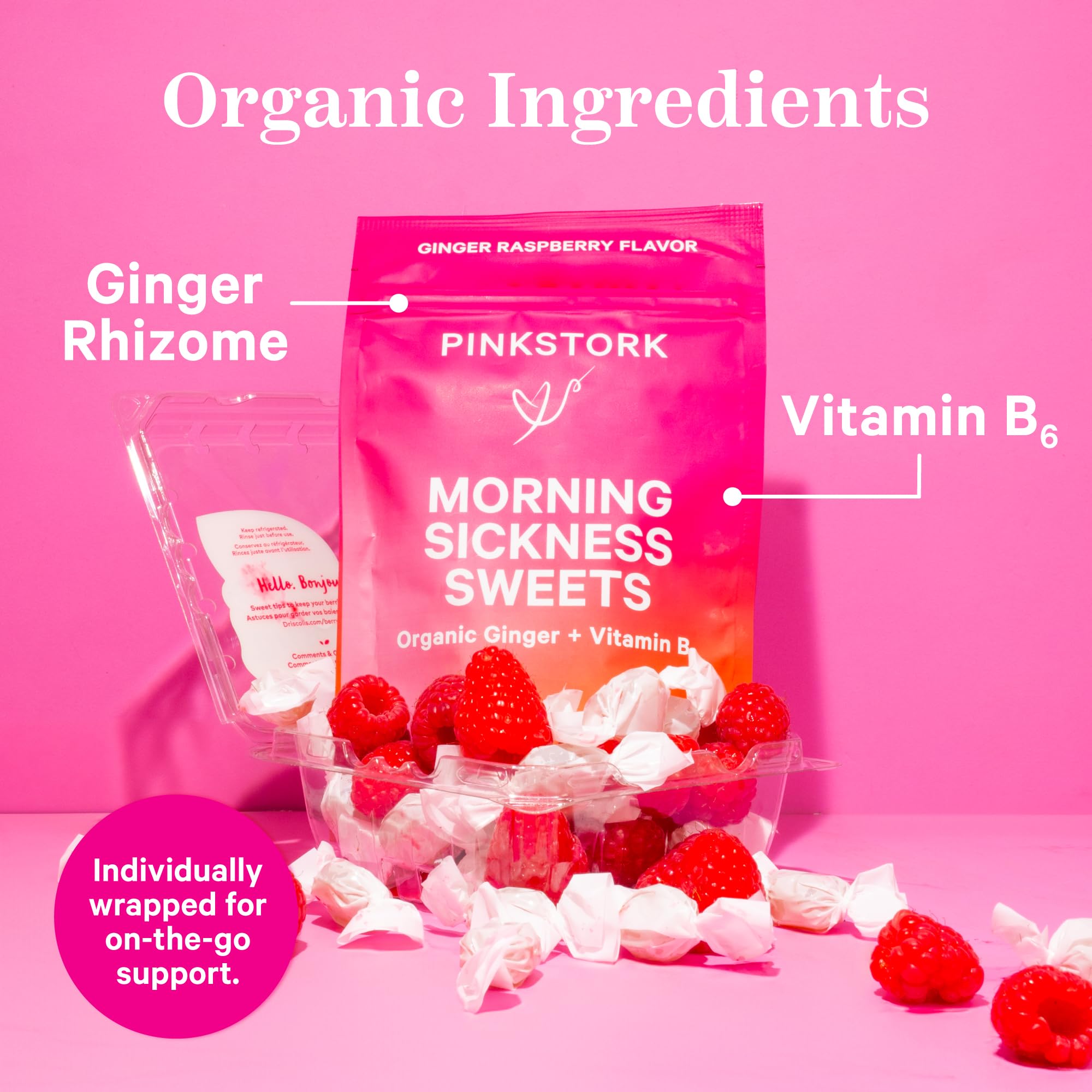 Pink Stork Morning Sickness Sweets, Organic Raspberry Ginger Candy with Vitamin B6 for Morning Sickness, Motion Sickness, Prenat