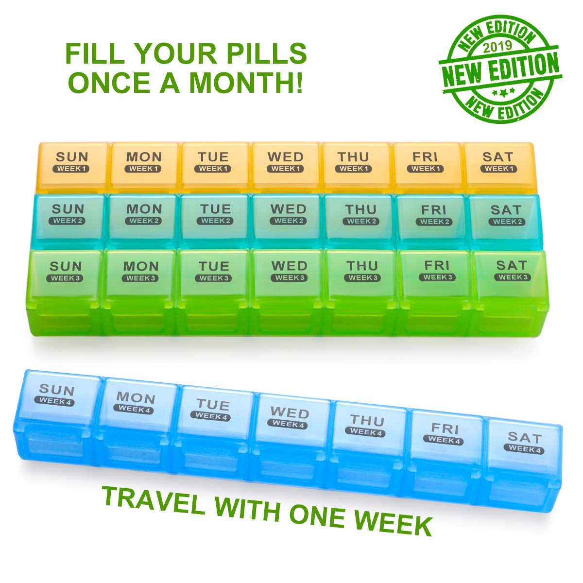 Sukuos Monthly Pill Organizer 28 Day Easy to Open, Large Moisture-Resistant Pill Box Cases with Dust-Proof Box and Clear Lid for