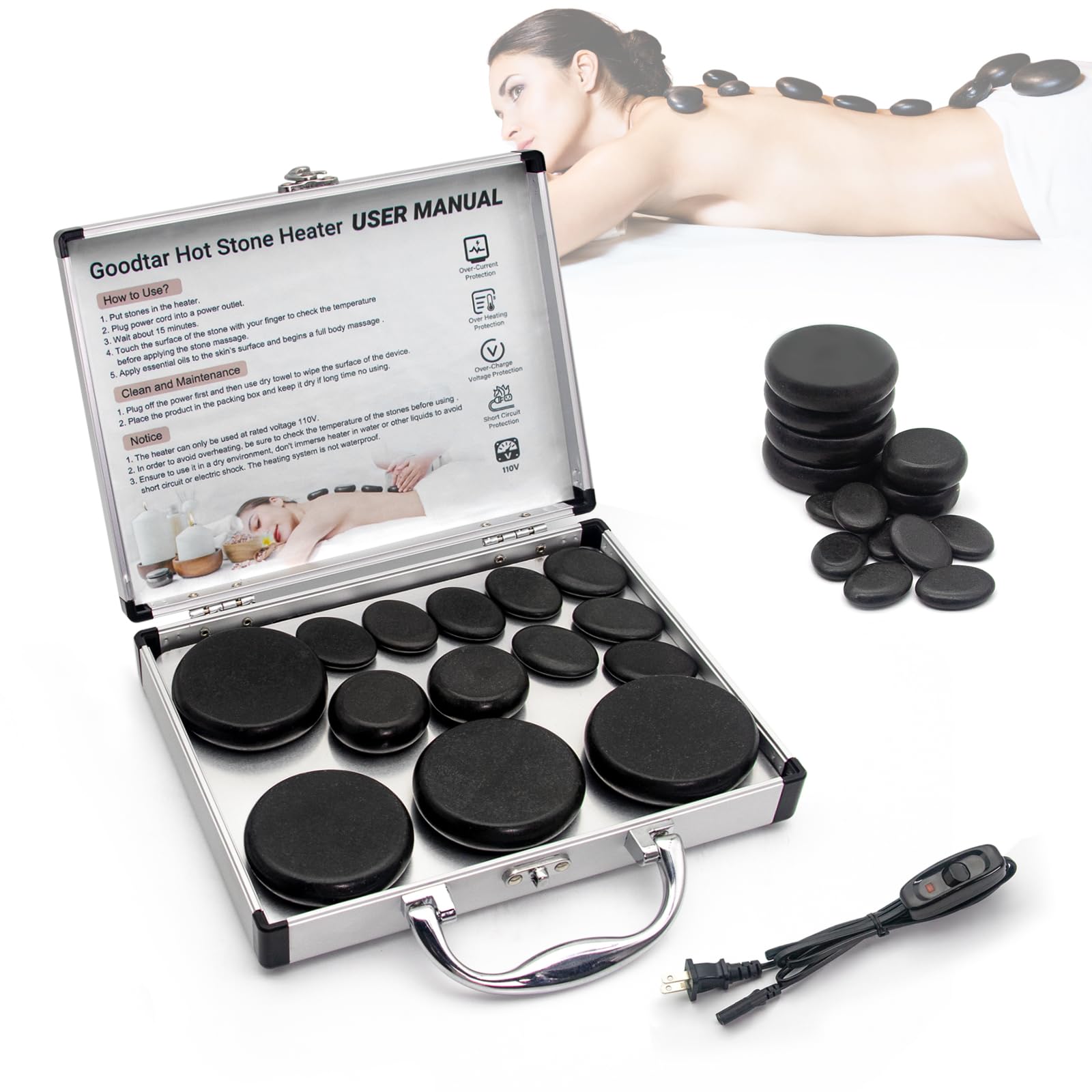 Goodtar Hot Stones Massage Warmer Kit, 14 PCS Hot Stones Massage Set and Heater Kit, Electric Hot Rocks Basalt Stones Massager f