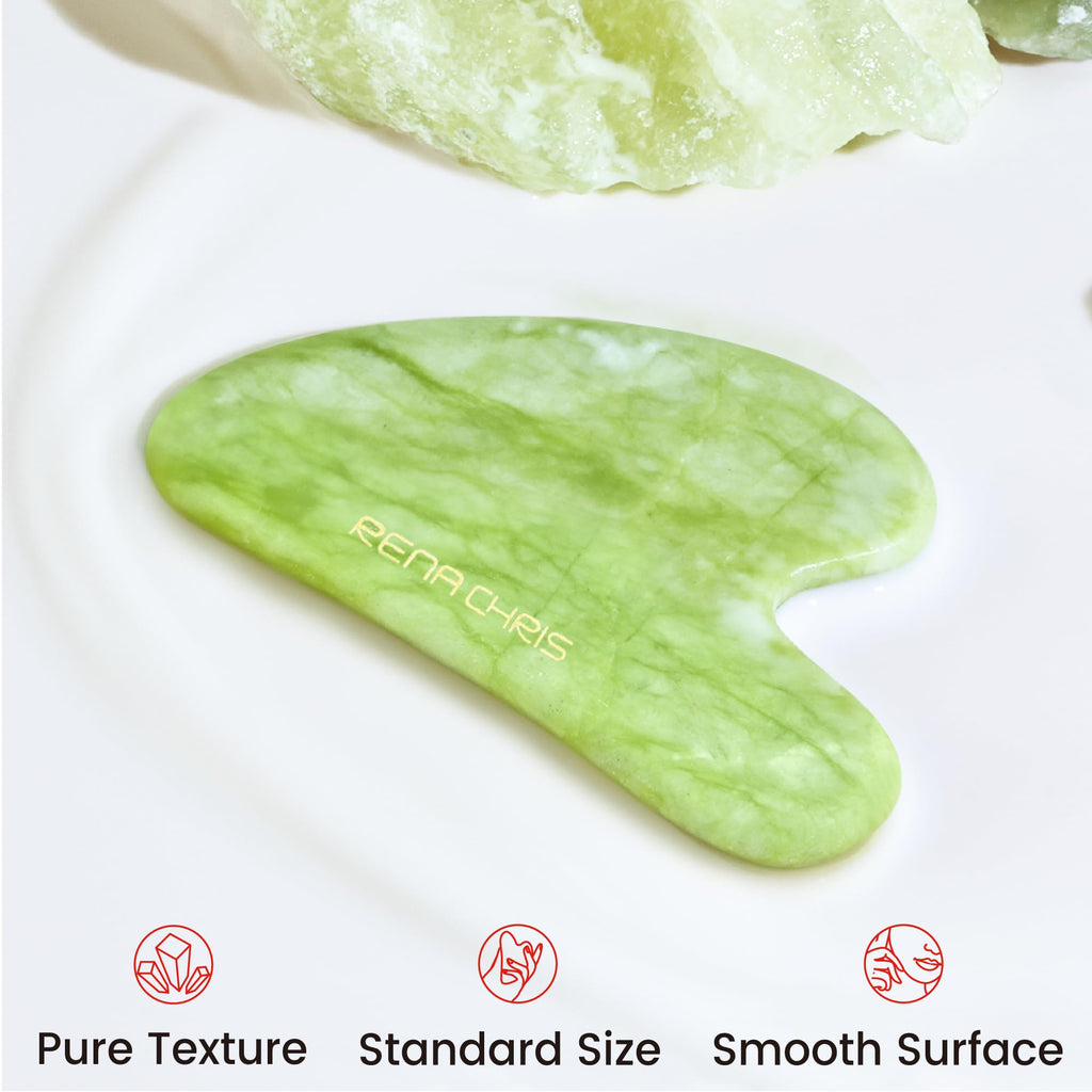 Rena Chris Gua Sha Facial Tools, Natural Jade Stone Guasha Tool for Face, Manual Massage Tool for Jawline Sculpting and Puffines