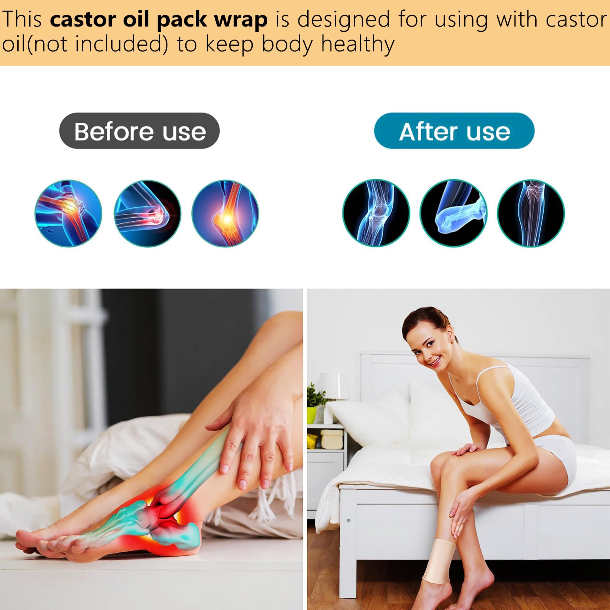 VonTeok 2 Pack Reusable Castor Oil Pack Wrap for Knee Elbow Joints with No Oil Leakage, Soft Flannel Castor Oil Compress Pads Wr