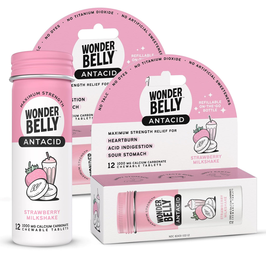 Wonderbelly Antacid Effective Heartburn and Instant Acid Indigestion Relief Extra Strength Chewable Tablets 1000 mg Calcium Carb
