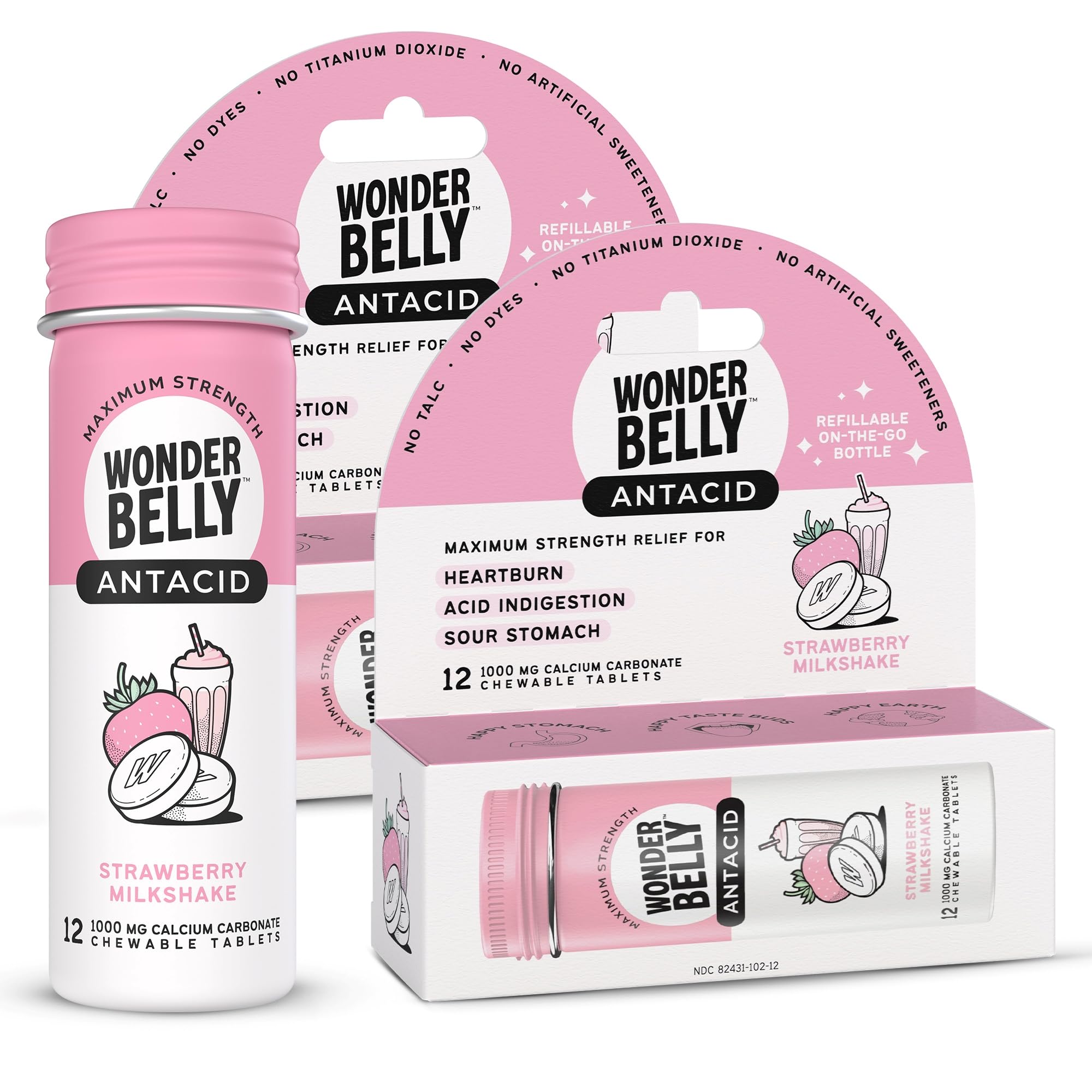 Wonderbelly Antacid Effective Heartburn and Instant Acid Indigestion Relief Extra Strength Chewable Tablets 1000 mg Calcium Carb