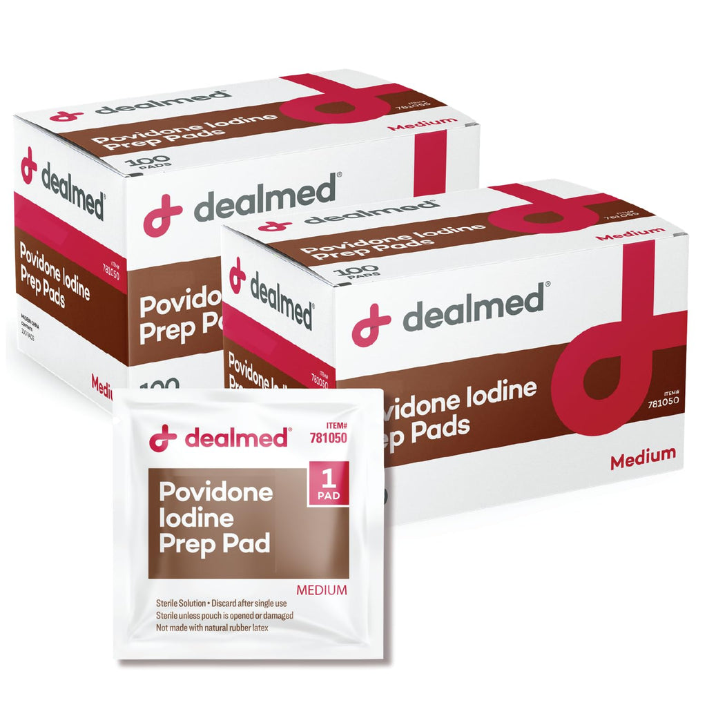 Dealmed Povidone Iodine Prep Pad 10% - Individually Sealed Packets Perfect for Wound Care and Portable First Aid Kits, 100/Box (