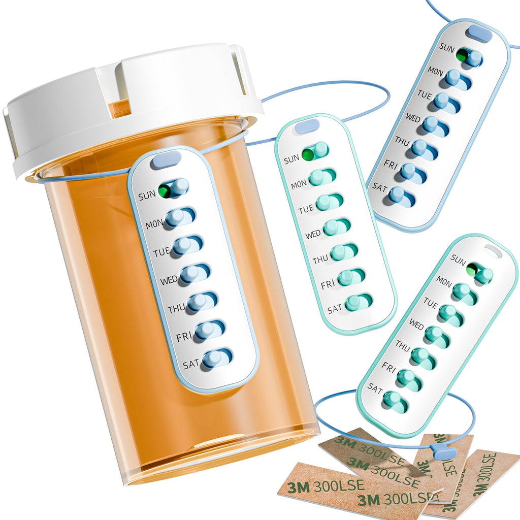 Odaro 4 Pack Pill Reminder, Lanyad or Sticker Pill Tracker, Work with Most Pill Bottles, Reusable Medication Tracker Replacement
