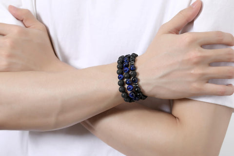 XIANNVXI Mens Blue Crystal Beads Bracelet 3PC Blue Black Stone 8mm Bead Bracelets Set for Men Stretch Lava Rock Obsidian Black C