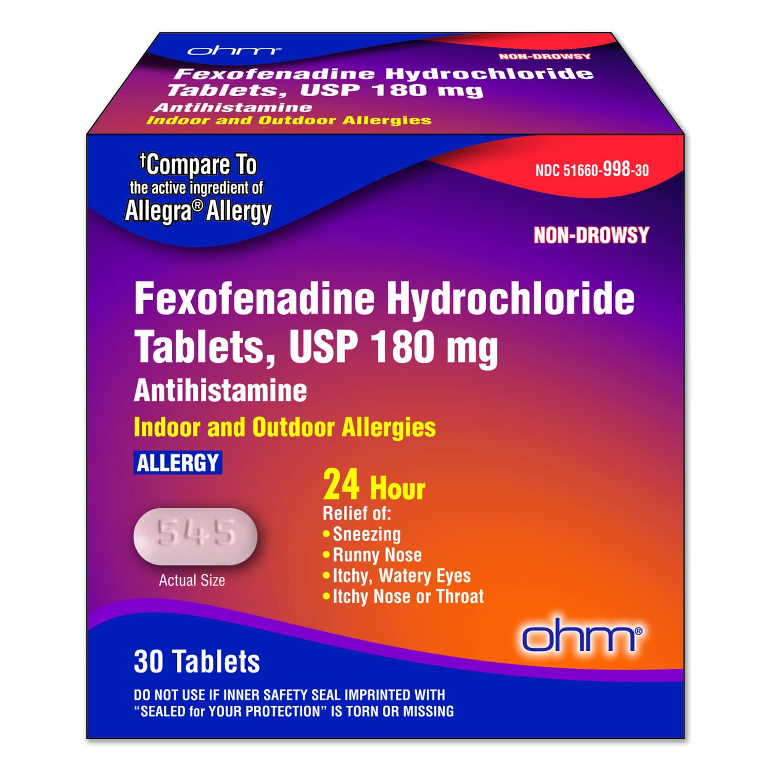 Ohm Non-Drowsy Fexofenadine Antihistamine Indoor Outdoor Allergy Relief Tablets 30ct