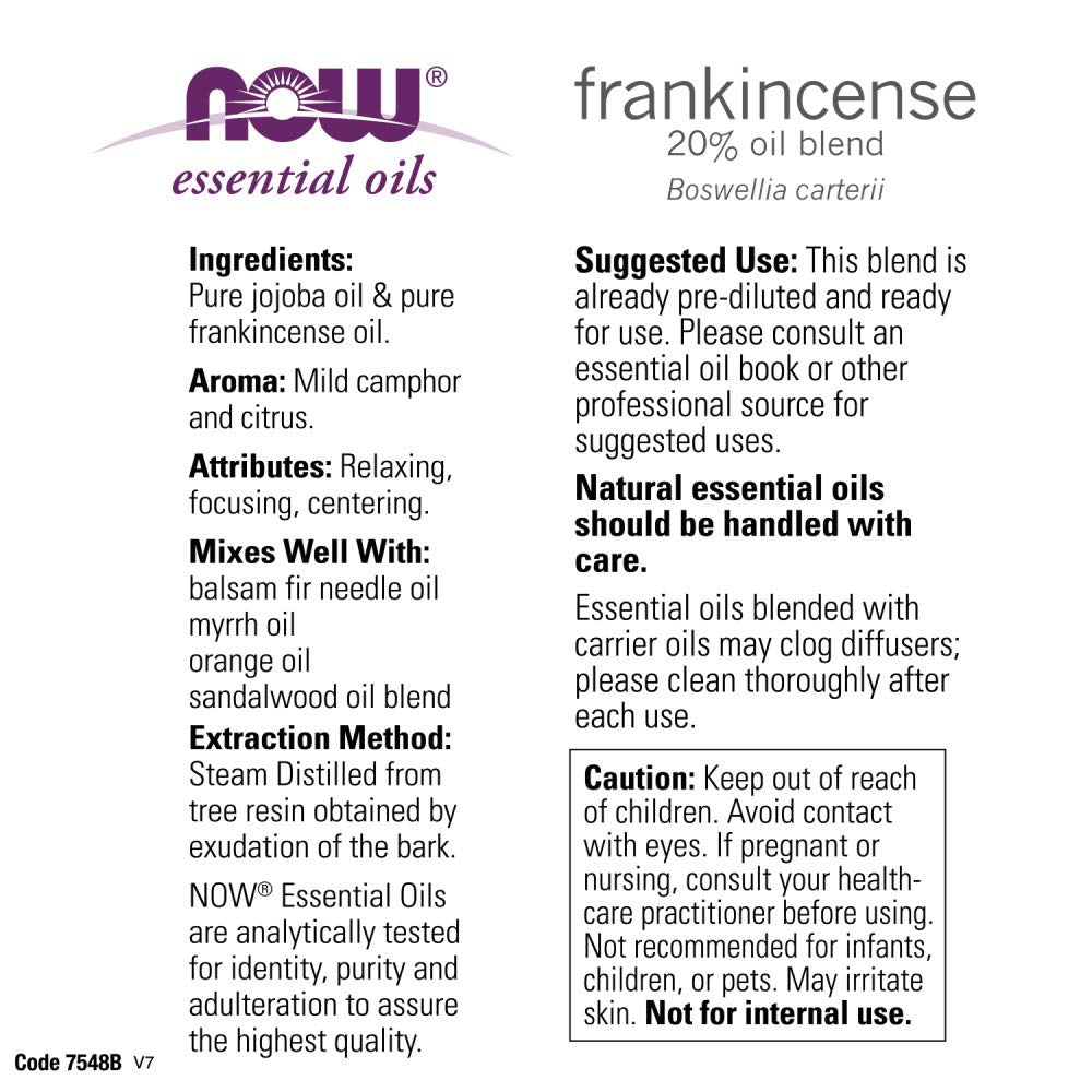 NOW Essential Oils, Frankincense Oil Blend, 20% Blend of Pure Frankincense Oil in Pure Jojoba Oil, Centering Aromatherapy Scent,