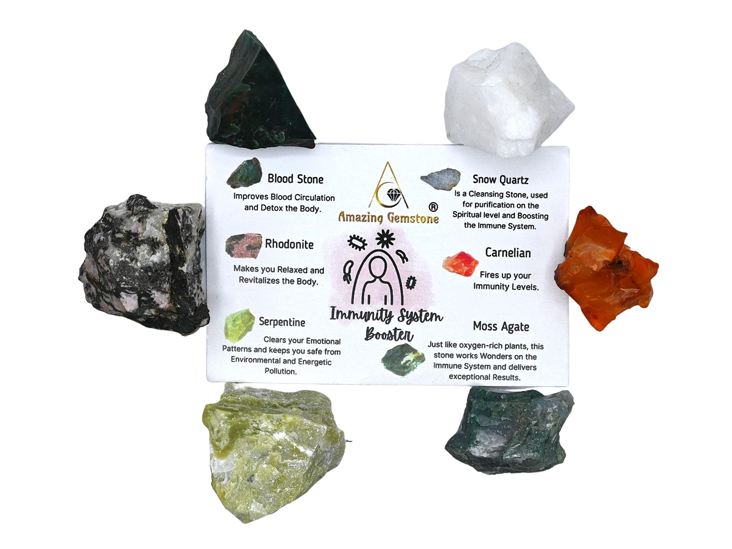 Crystal for Immunity Manifestation, Set of 6 Blood Stone, Rhodonite, Serpentine, Snow Quartz, Carnelian and Moss Agate Healing C