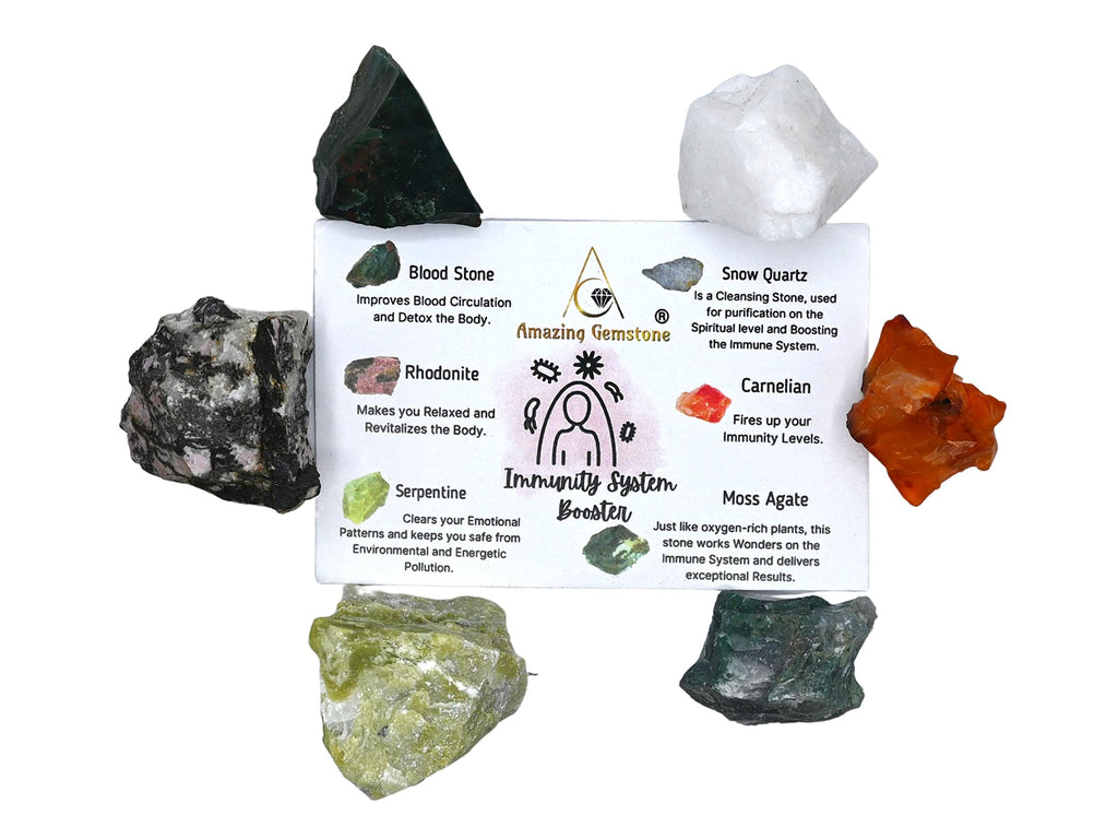 Crystal for Immunity Manifestation, Set of 6 Blood Stone, Rhodonite, Serpentine, Snow Quartz, Carnelian and Moss Agate Healing C