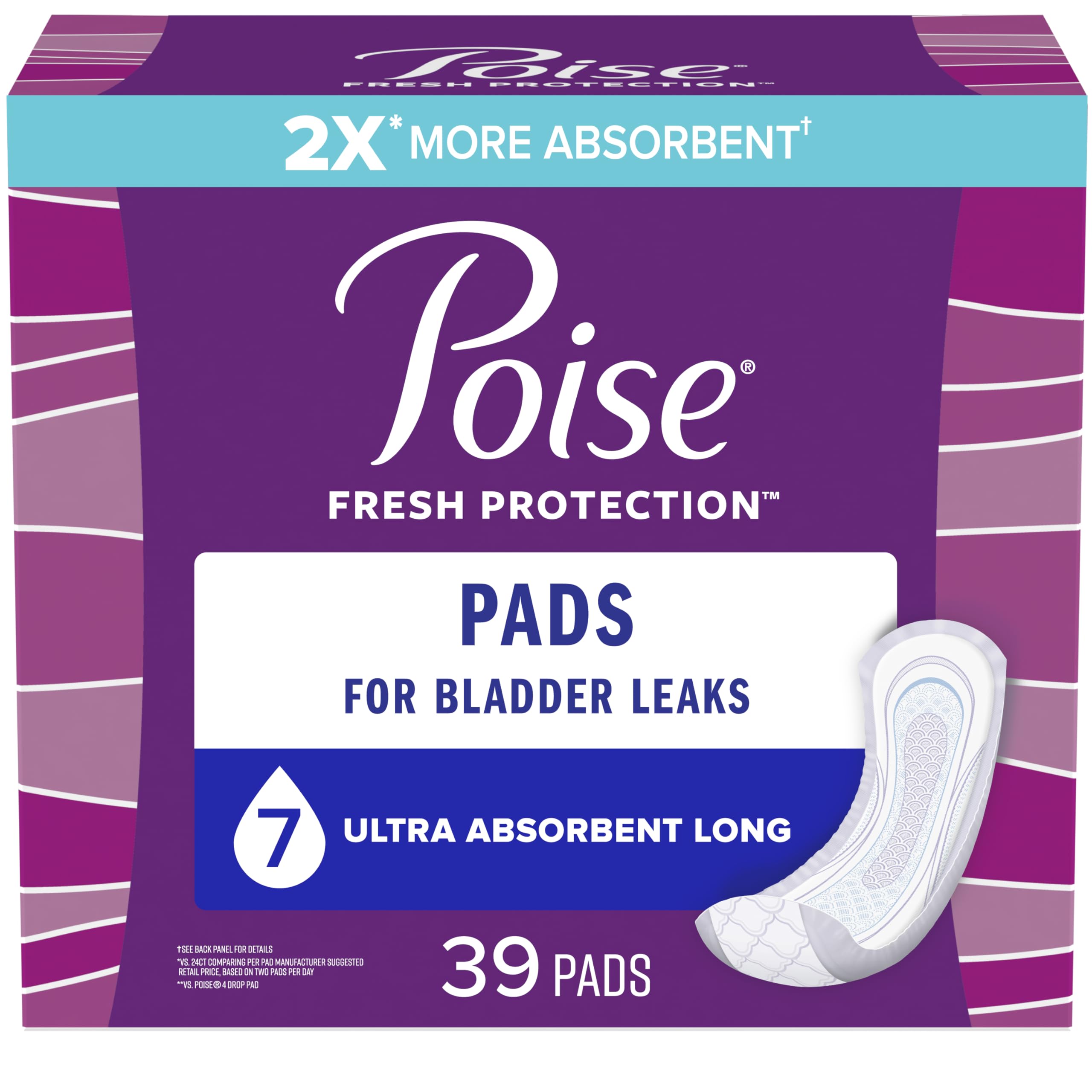 Poise Incontinence Pads & Postpartum Incontinence Pads, 7 Drop Ultra Absorbency, Long Length, 39 Count, Packaging May Vary