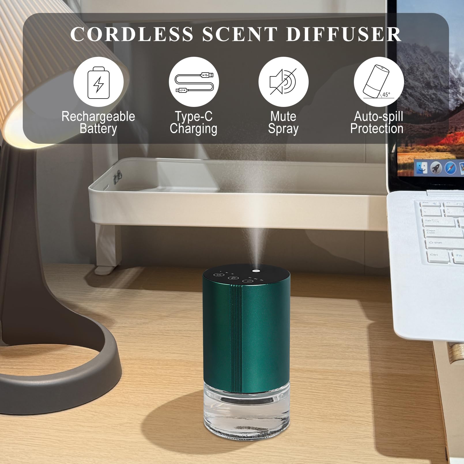Aeeteek Essential Oil Diffuser, Waterless Scent Diffusers for Home Large Room, Rechargeable Atomizing Humidifier with 7-Color Ni