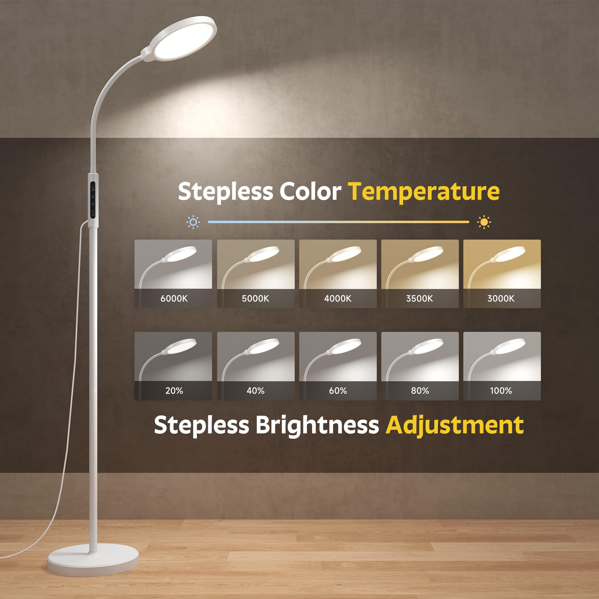 Happy Light Therapy Lamp, 11000 Lux UV-Free Floor Sun Light Lamp with Touch Remote Control, 5 Color Temperatures 10 Brightness L
