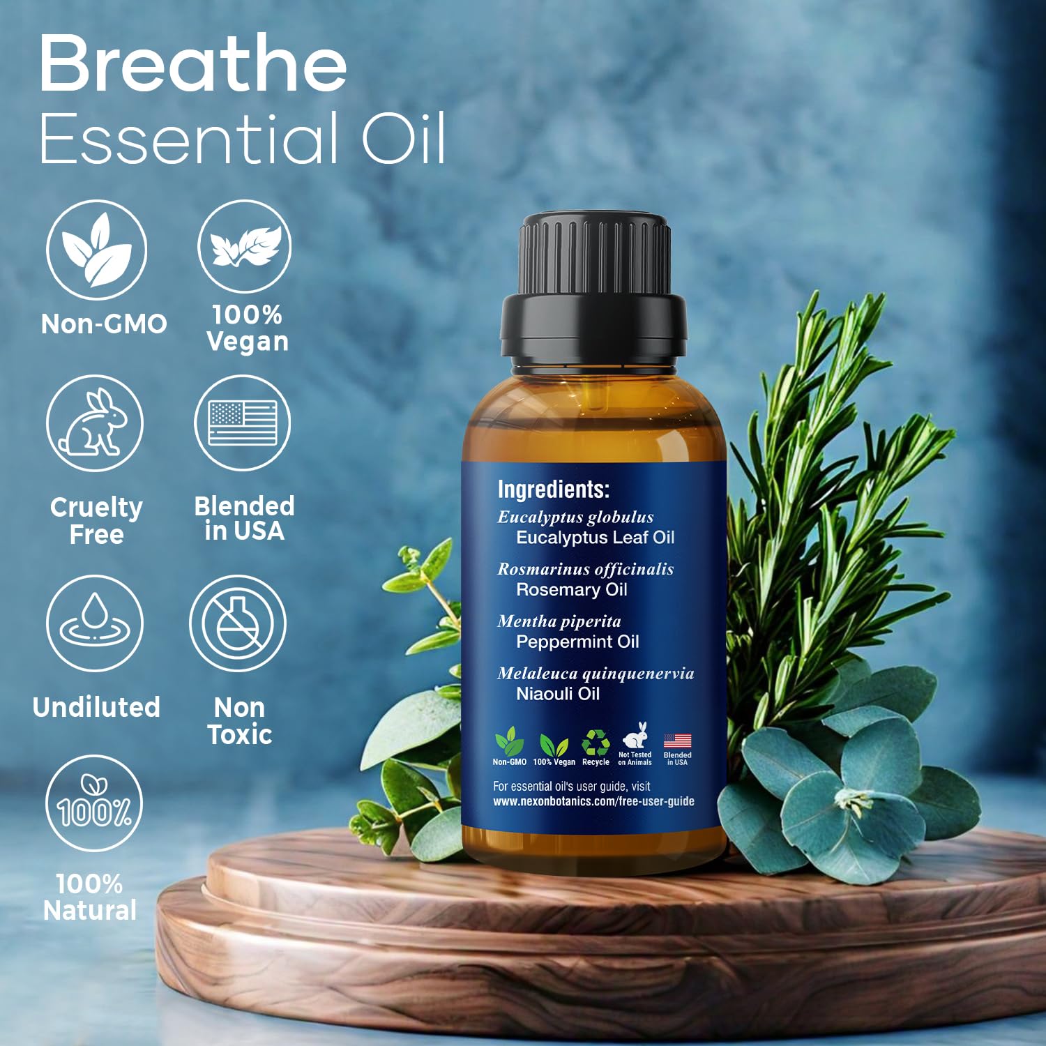 Breathe Essential Oil Blend 30 ml - Breath Sinus Relief with Menthol Oils - for Humidifiers, Diffusers, and Aromatherapy - Nexon