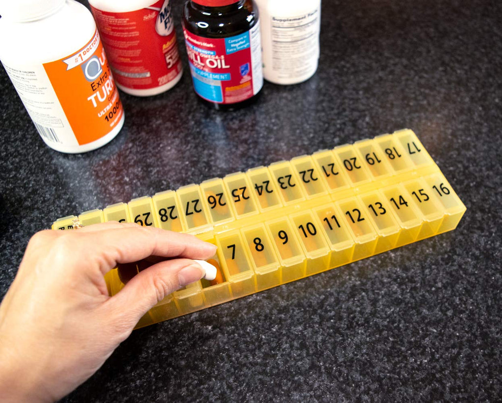 Once-a Day Monthly Pill Organizer Removable Lid for Easy Loading - Large Compartment Pill Box Medications for Entire Month Plus