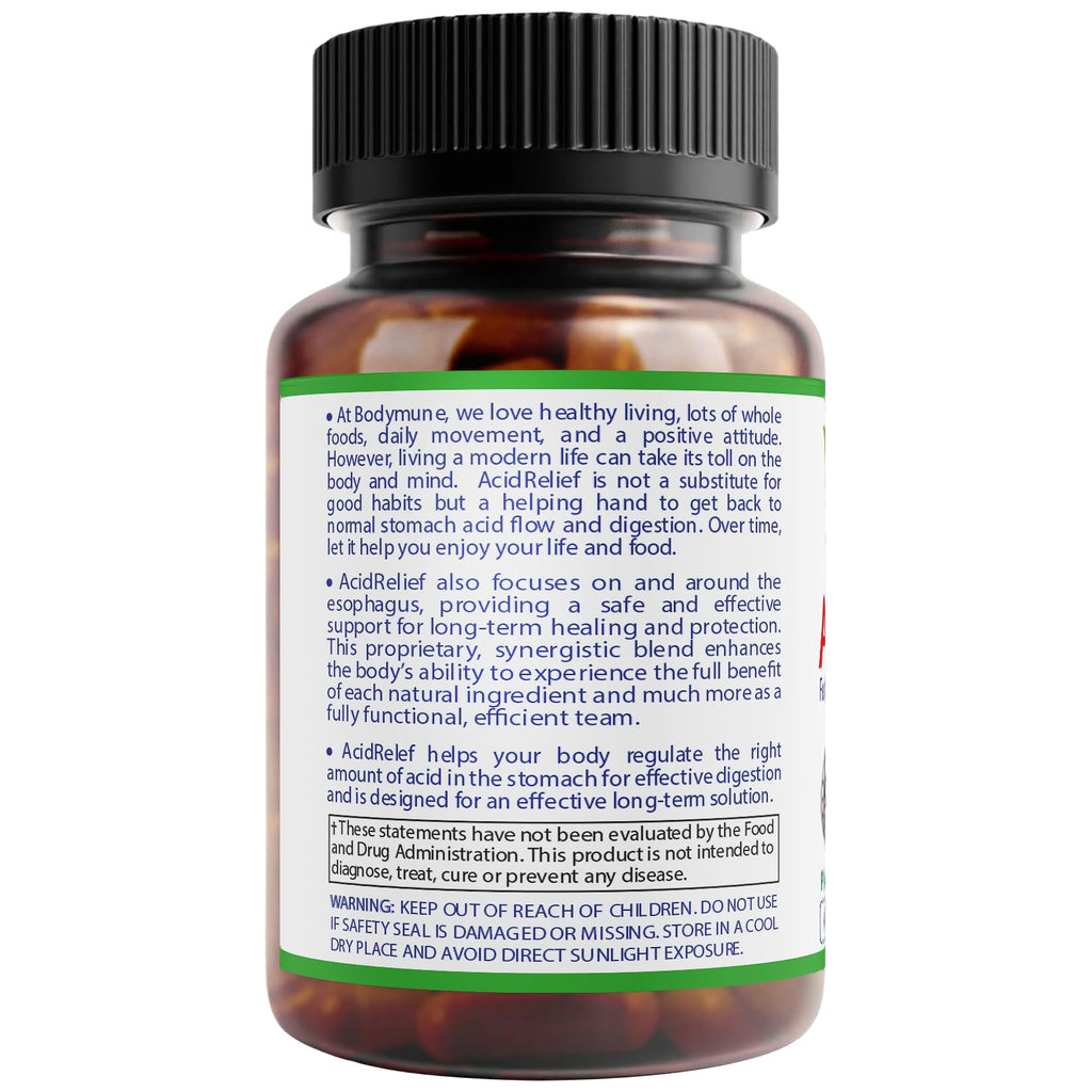 Bodymune AcidRelief Acid Reducer Acid Indigestion Relief Supplement for Occasional Acid Reflux & Antacid, USA-Made USDA Organic