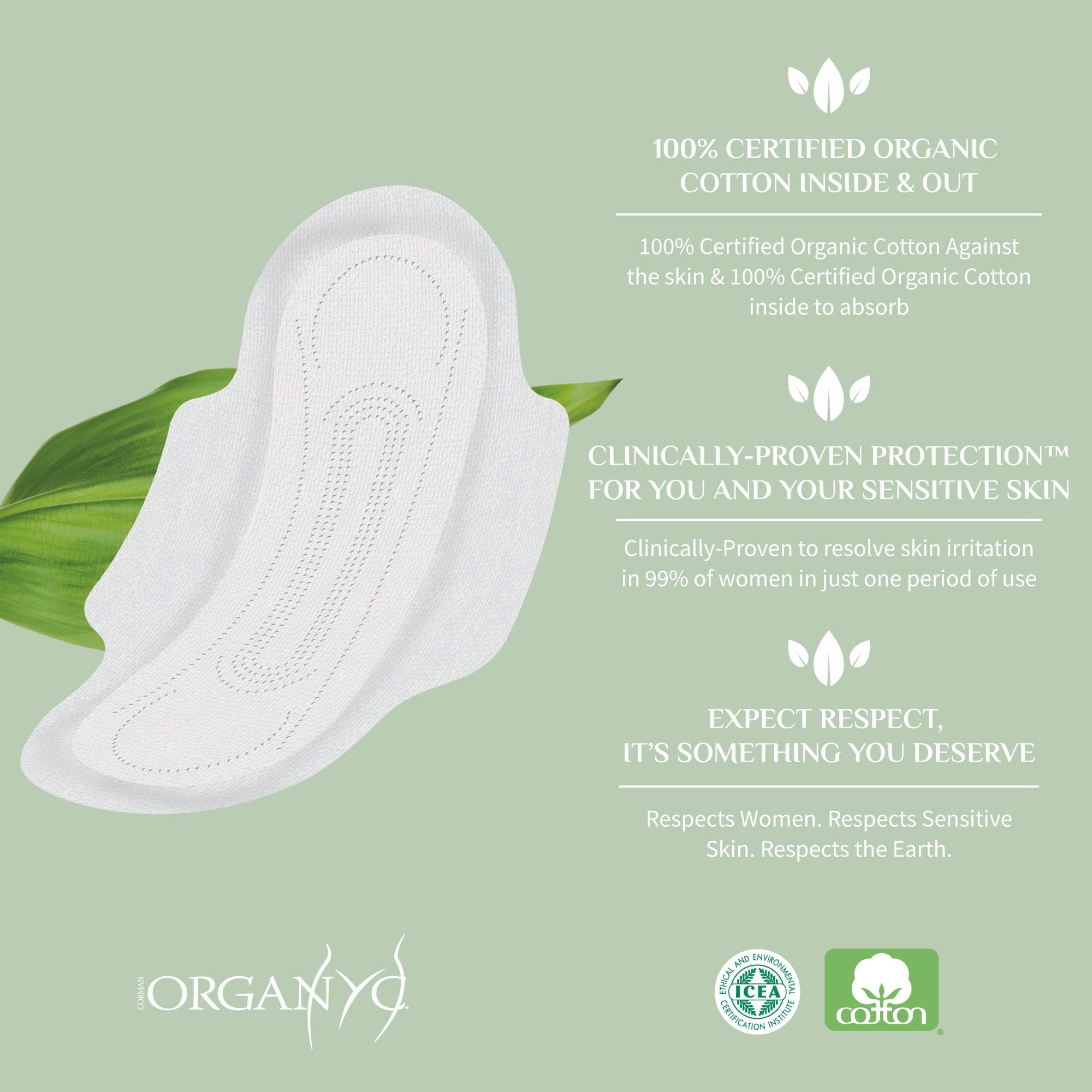Organyc - 100% Certified Organic Cotton Feminine Pads, Sanitary Napkin 120 Count, Heavy Flow(Bulk Size, 12 Pack)