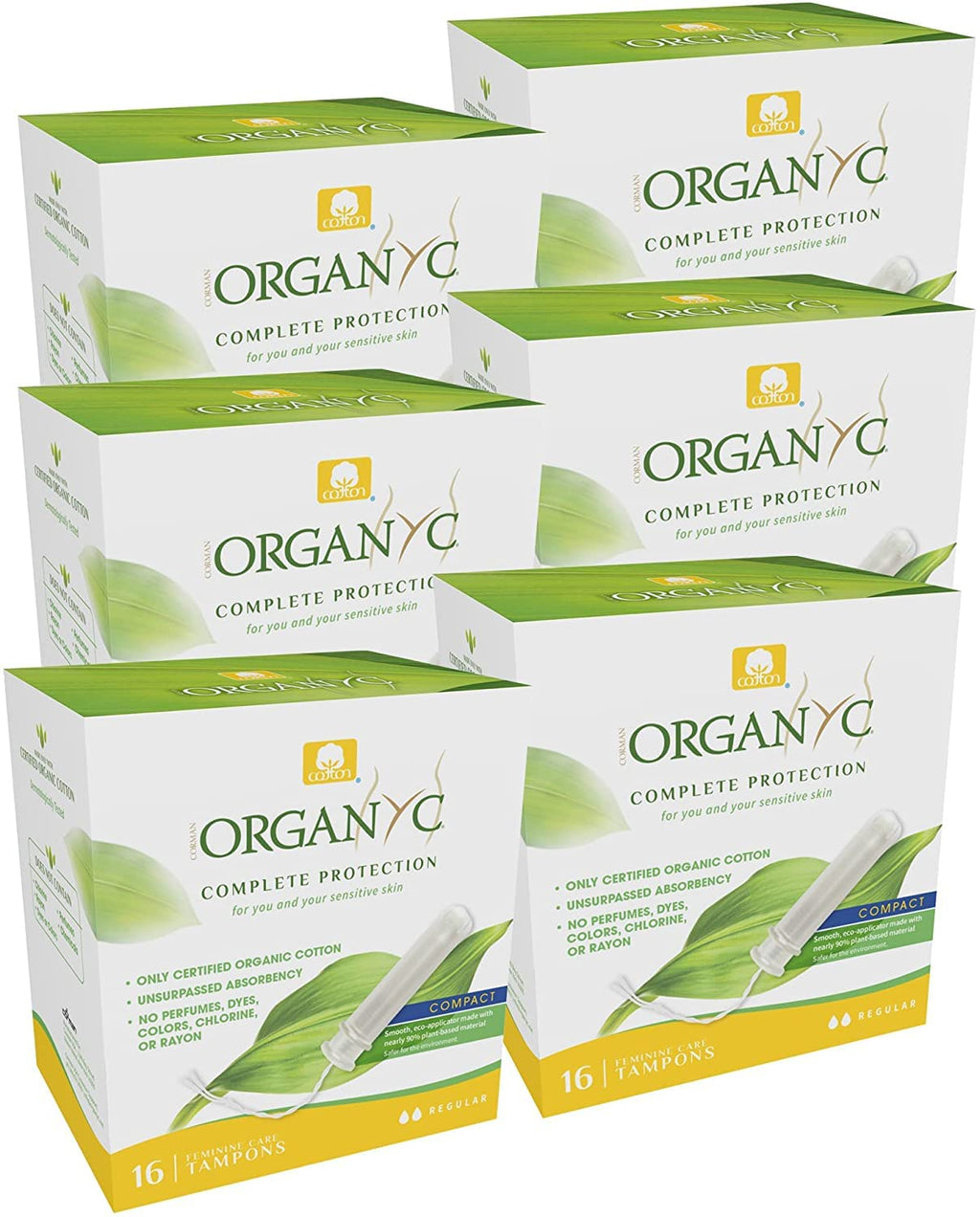 Organyc - 100% Certified Organic Cotton Tampons - Plant-Based Eco-Applicator (Regular Flow, 96 Count (Pack of 6))