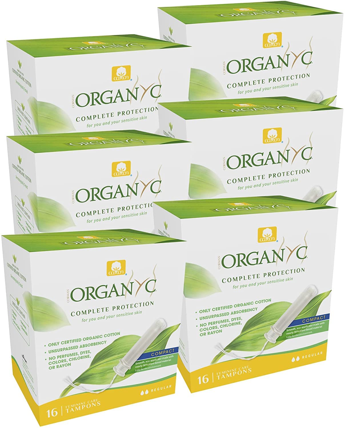 Organyc - 100% Certified Organic Cotton Tampons - Plant-Based Eco-Applicator (Regular Flow, 96 Count (Pack of 6))
