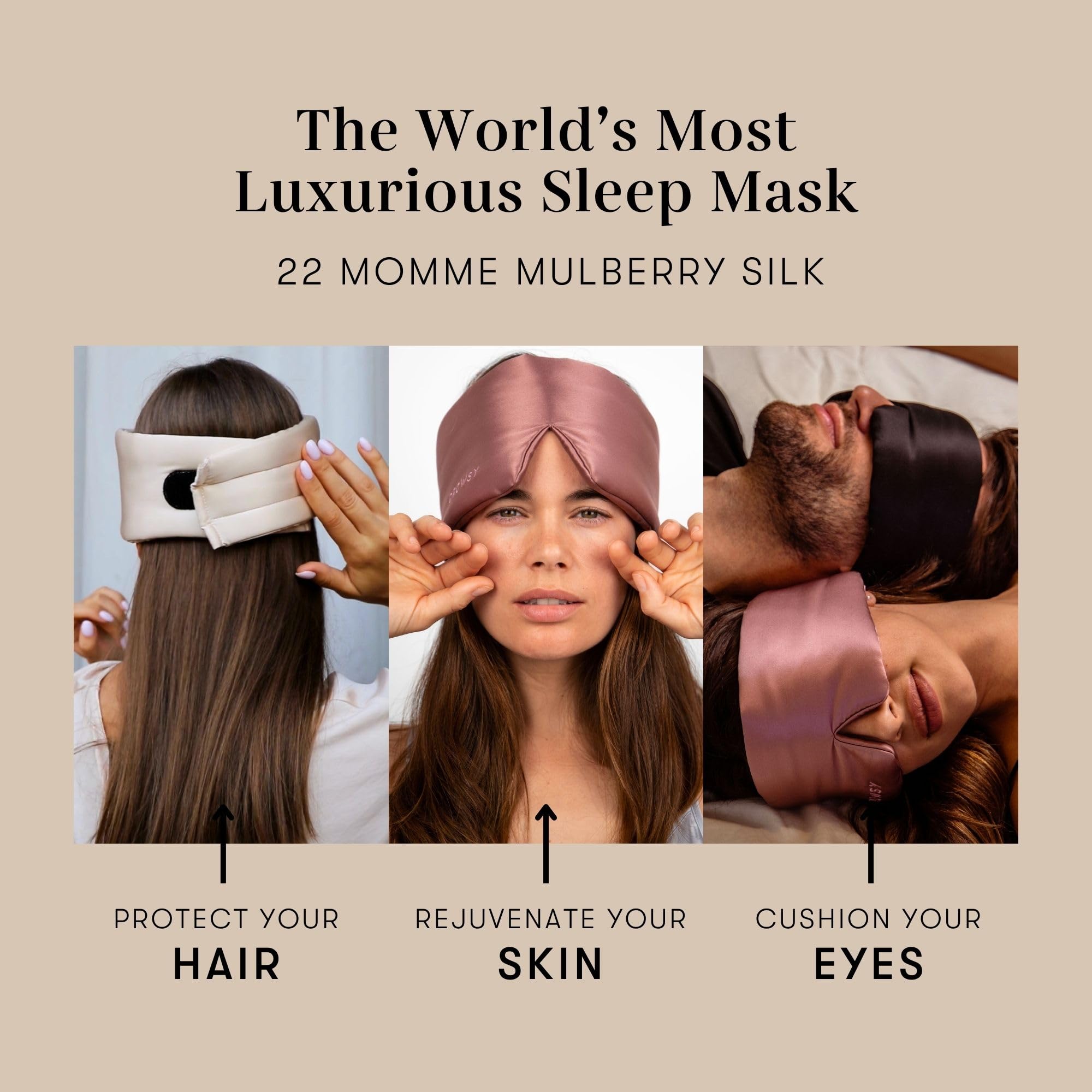 DROWSY Silk Sleep Mask Face-Hugging, Padded Silk cocoon for Luxury Sleep in Total Darkness (Dusty gold)