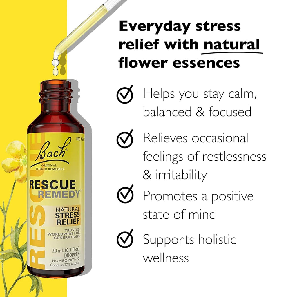 Bach REScUE REMEDY Dropper 20mL, Natural Stress Relief, Homeopathic Flower Essence, Vegan, gluten  Sugar-Free, Non-Habit Forming